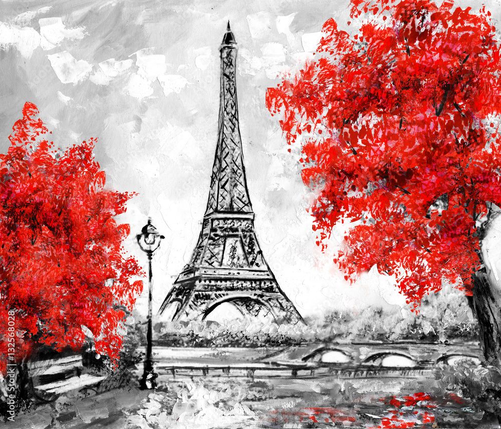 1000x857 Oil Painting, Paris. European City Landscape. France, Wallpaper, Eiffel Tower. Black, White And Red, Modern Art Stock Illustration