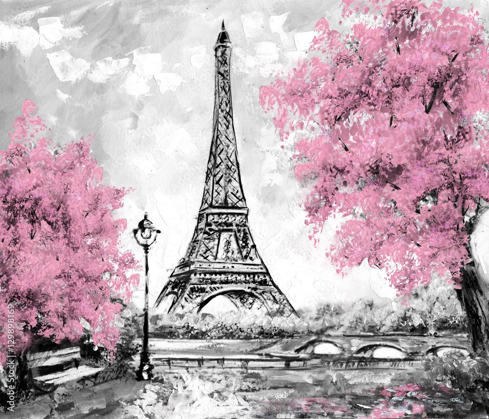 1000x857 Oil Painting, Paris. european city landscape. France, Wallpaper, eiffel tower. Black, white and pink, Modern art Stock Illustration