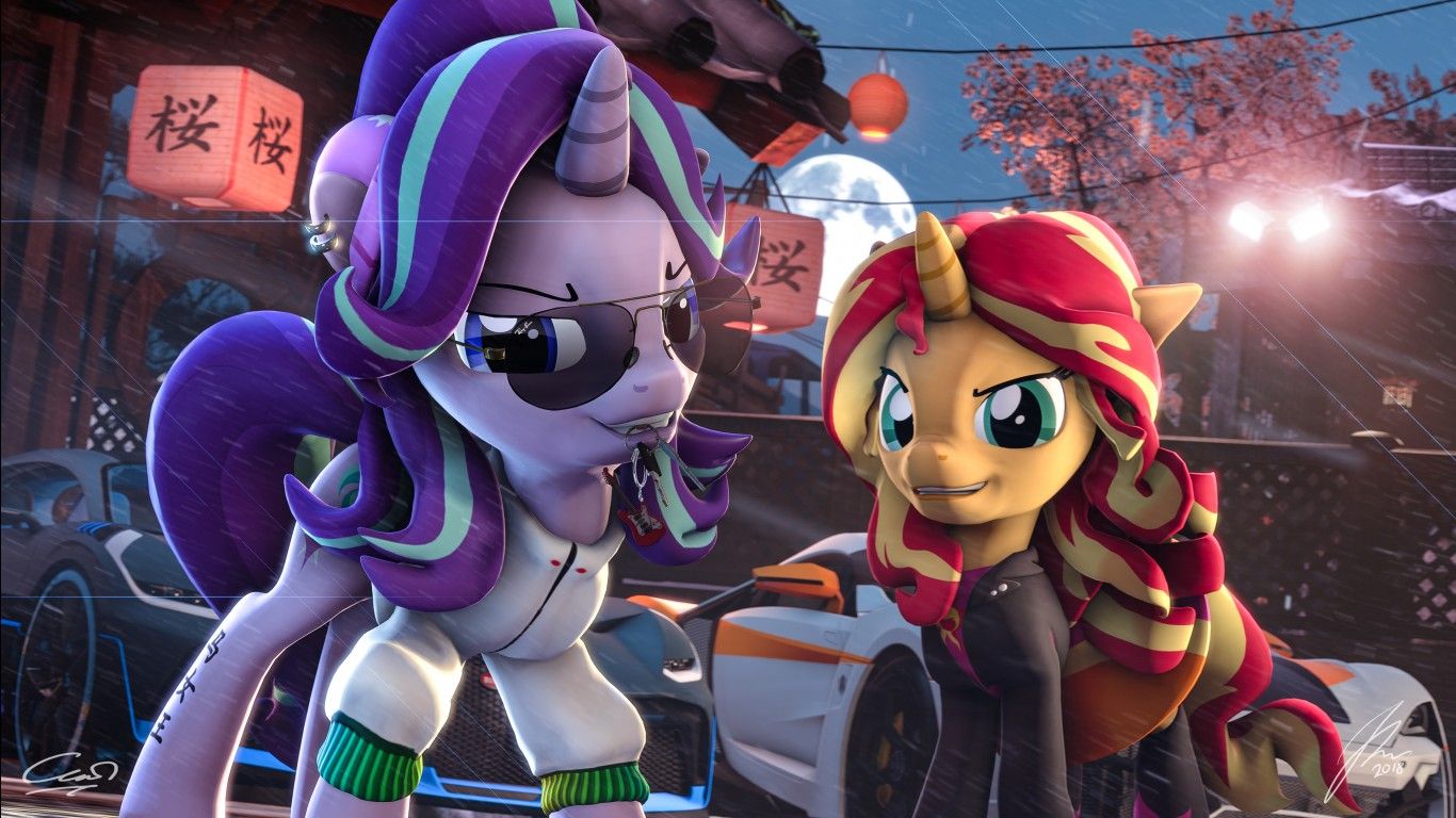 1366x768 3D Starlight Glimmer Sunset Shimmer 4K HD My Little Pony Friendship is Magic Wallpaper