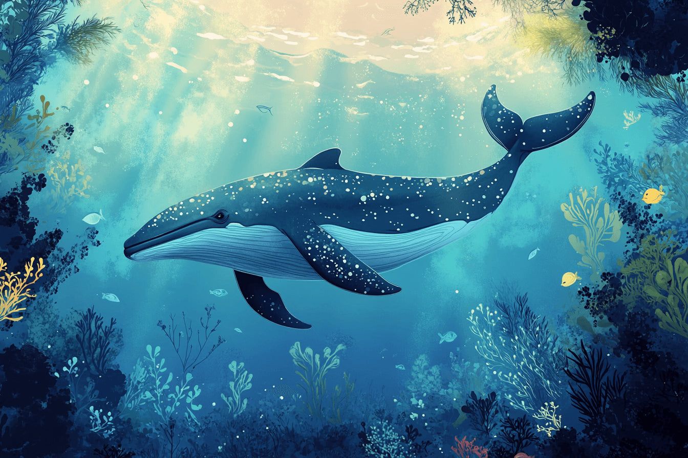 1344x896 Marine Animals Mural Wallpaper. Dreamy Blue Whale with Clouds