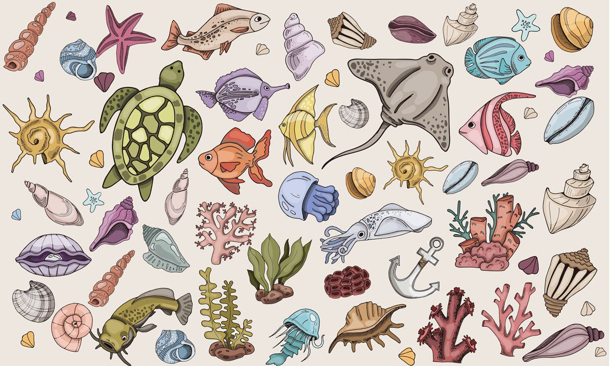 1200x720 Colorful Sea Life Illustration Mural Wallpaper
