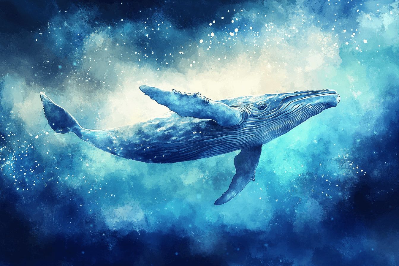 1344x896 Marine Animals Mural Wallpaper. Mystical Blue Whale in Starry Ocean