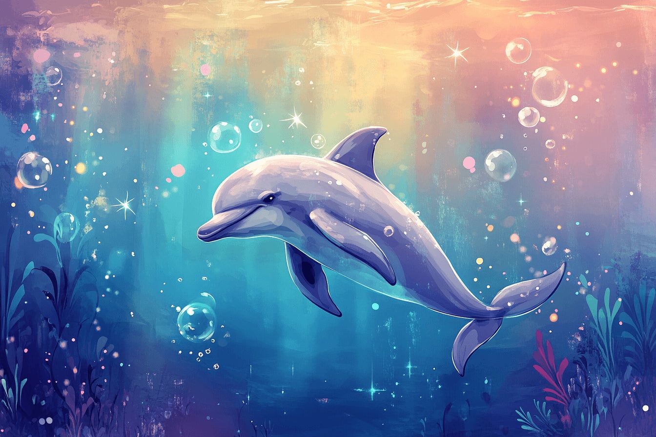 1344x896 Marine Animals Mural Wallpaper. Magical Dolphin With Bubbles