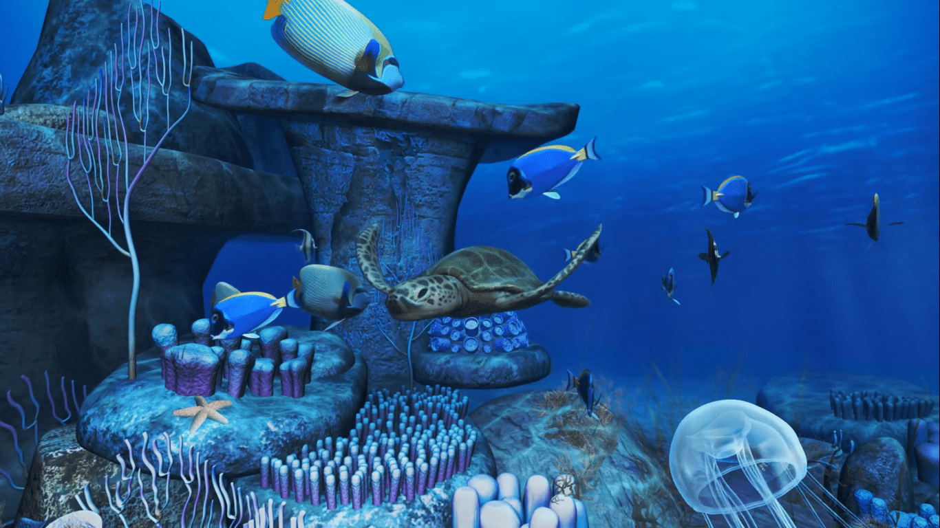1366x768 Aquatic animals in underwater world. jellyfish, turtle, fish, 3D