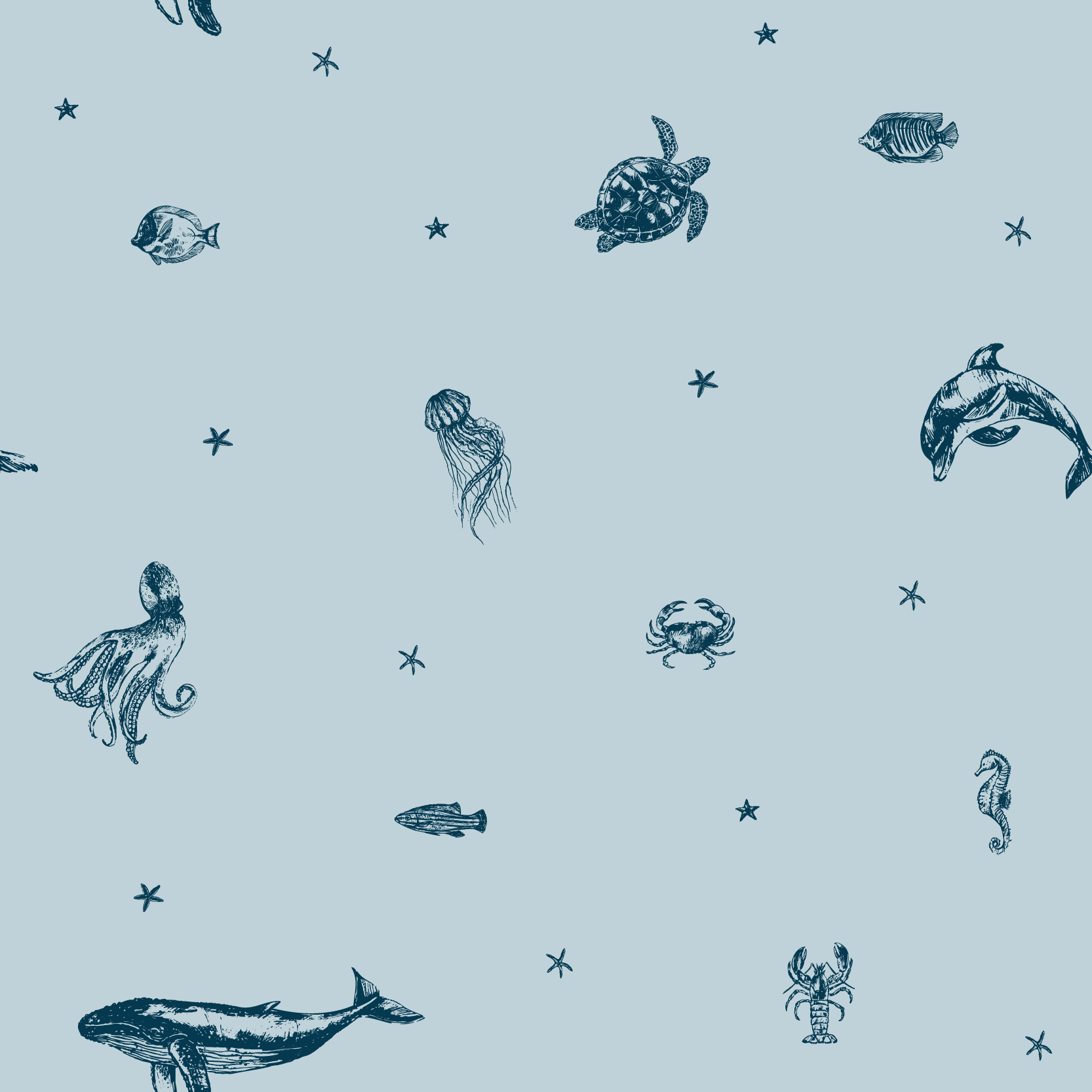 1666x1666 Blue and Navy Sea Animals and Starfish Wallpaper