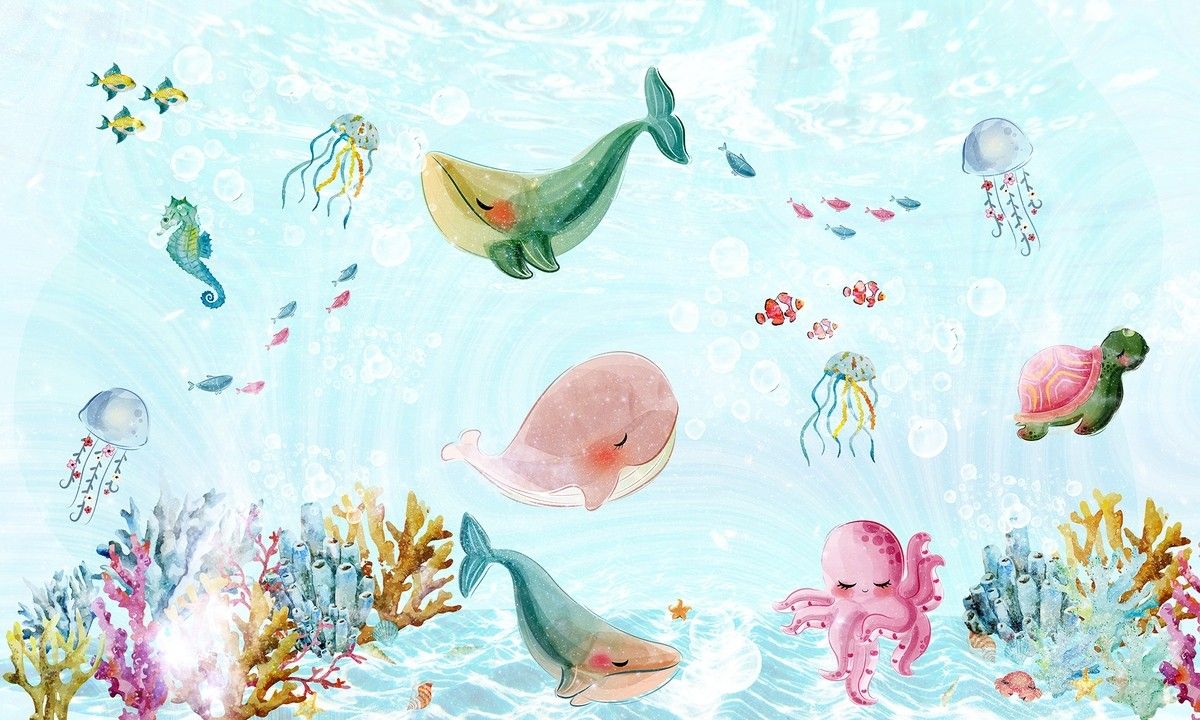 1200x720 Nursery Cute Sea Animals Wallpaper Mural • Wallmur UK