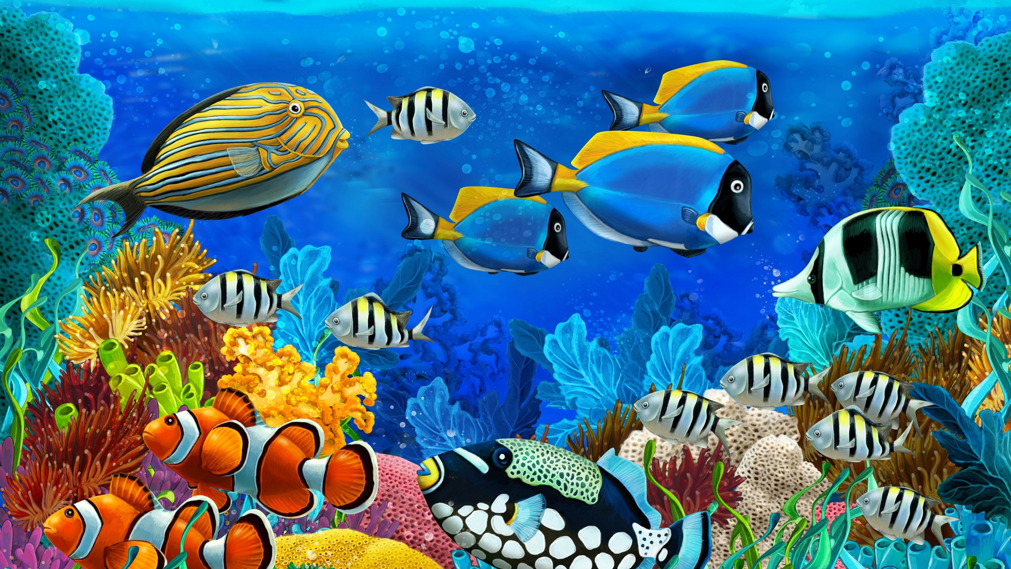 3840x2160 Coral Fishs In Deep Ocean 4K 8K HD Animals Wallpaper