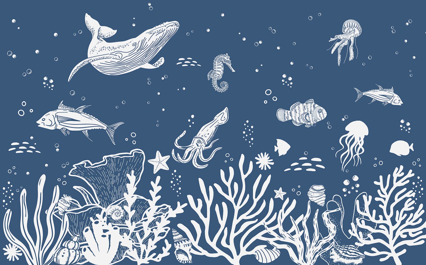 1800x1118 Wall murals Sea life, fish, whale, octopus, jellyfish, corals, marine life, dark blue color nr. w00850v4