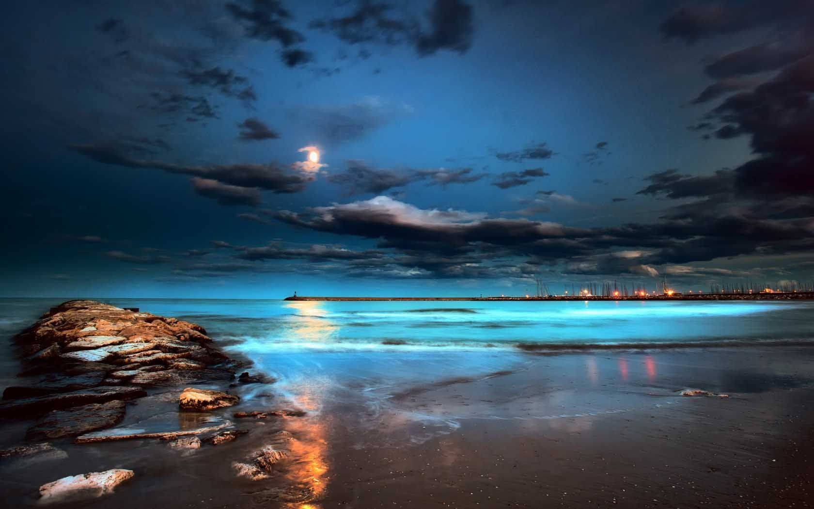 1680x1050 Download Beach Night Glowing Sea Water Wallpaper