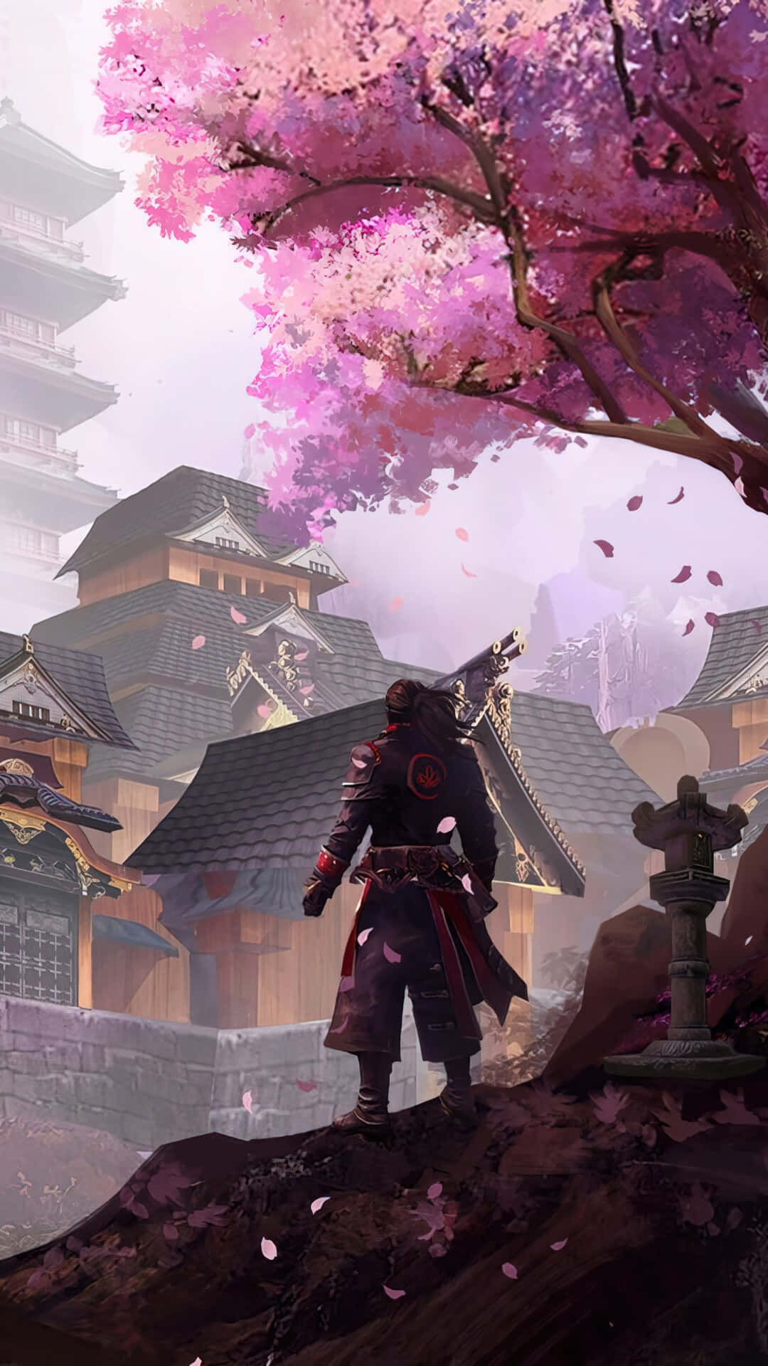 1080x1920 Download Samurai Cherry Blossom Village Wallpaper