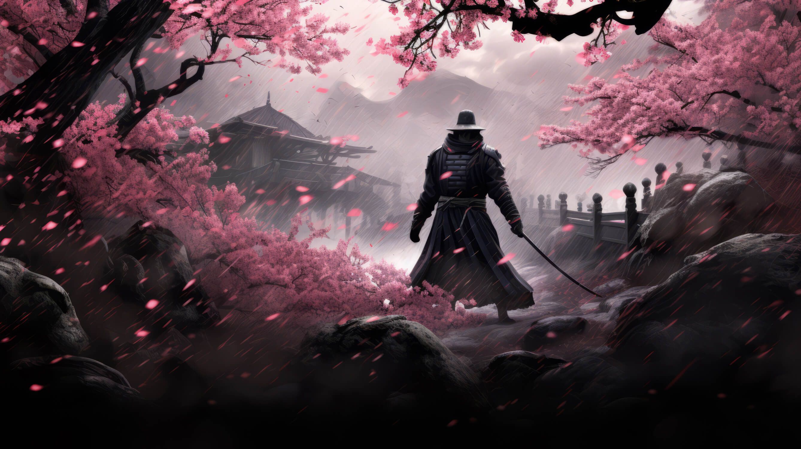 2676x1500 Japanese Mural Wallpaper. Samurai Under Cherry Blossoms