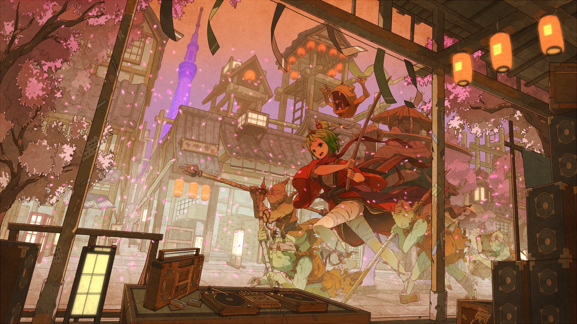 1900x1067 Anime Samurai Sakura: HD Original Town Wallpaperx1067