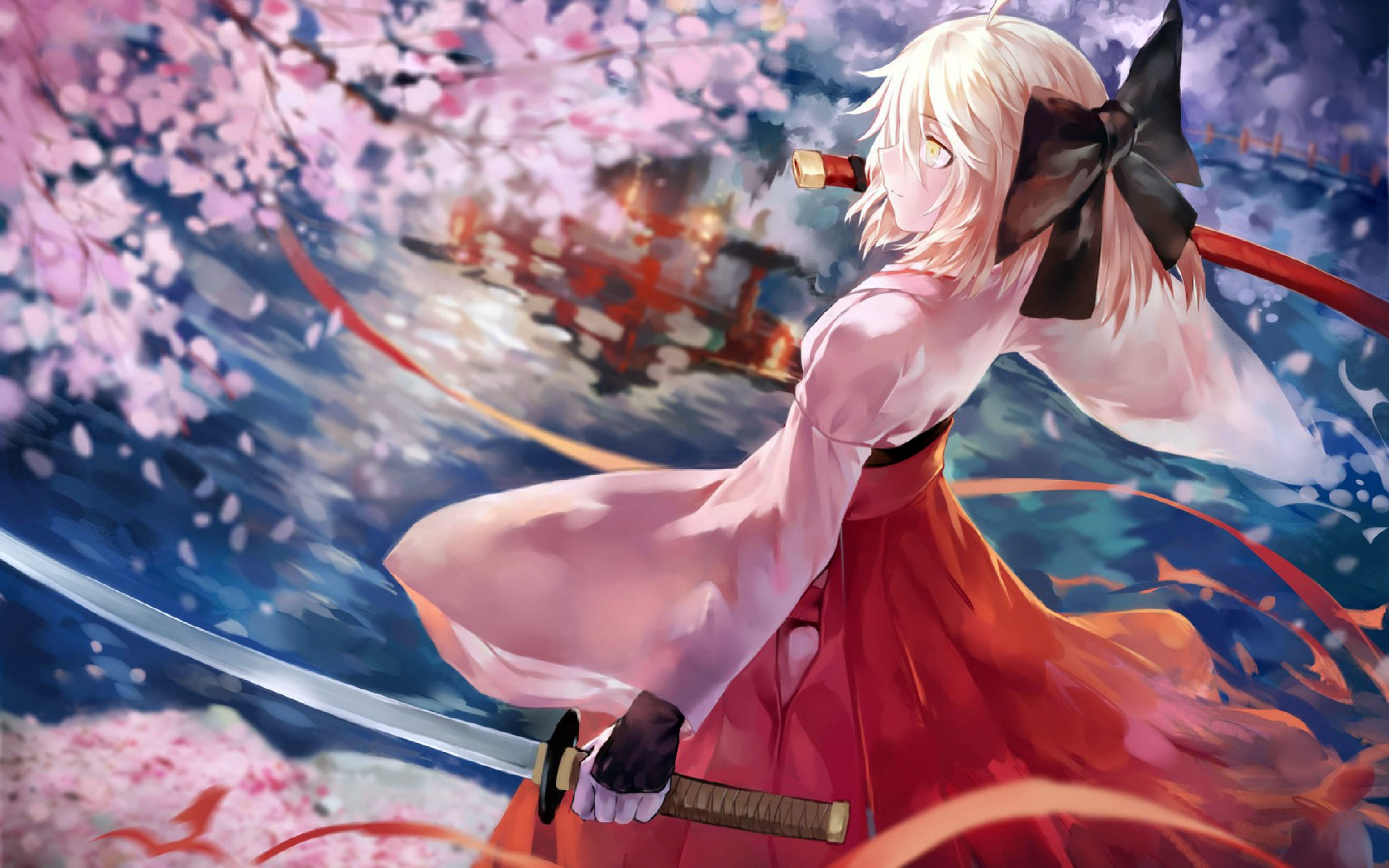 3840x2400 Japan Sakura Samurai Girl Cartoon Characters