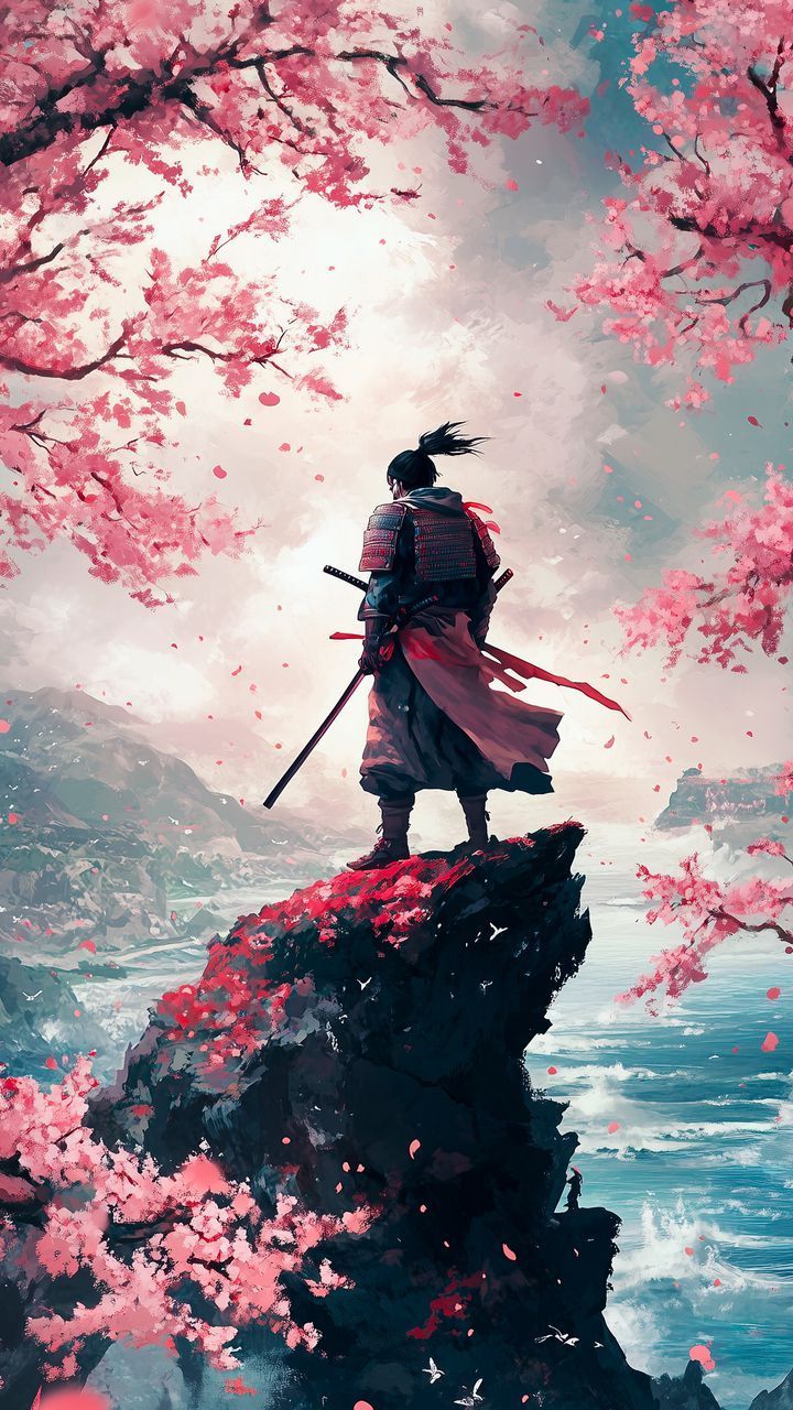 720x1280 free 4K wallpaper samurai, sakura, rock, art