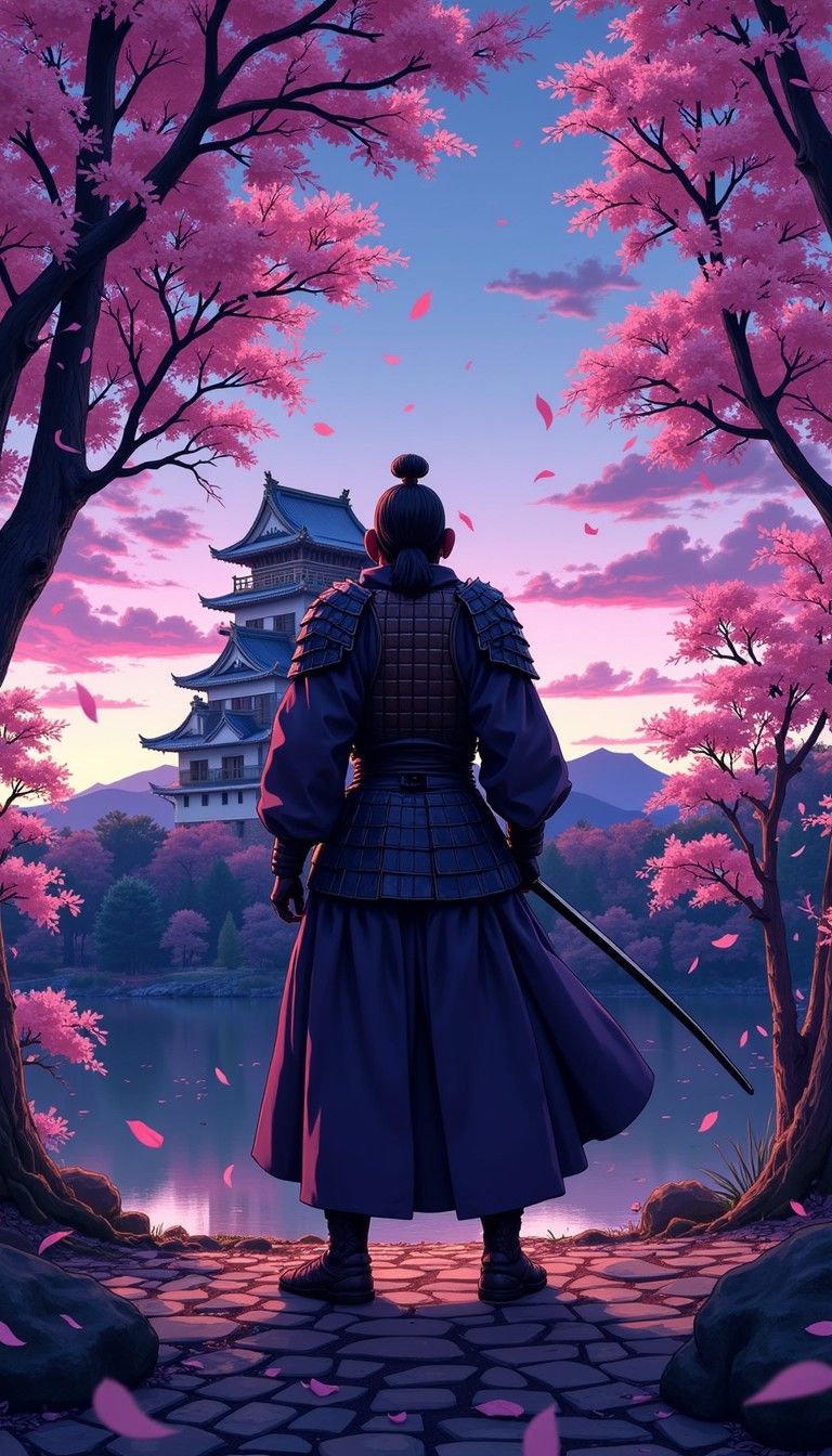 768x1344 Free Twilight Sakura Warrior Image, Sakura, Castle