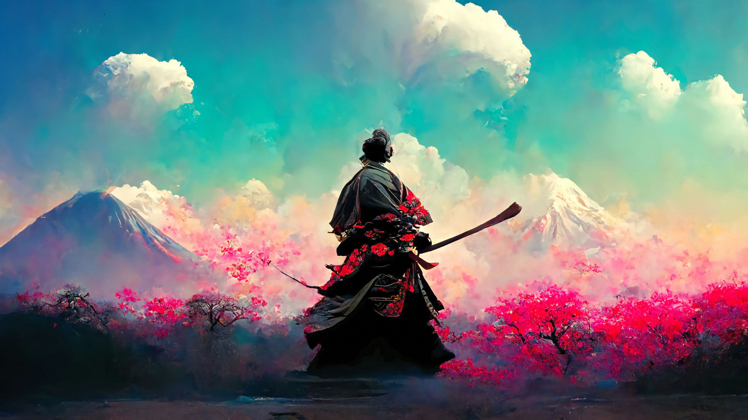 2560x1440 Download Samurai, Japan, Mountains, Warrior, Sakura, Art Wallpaper in 2560x1440 Resolution