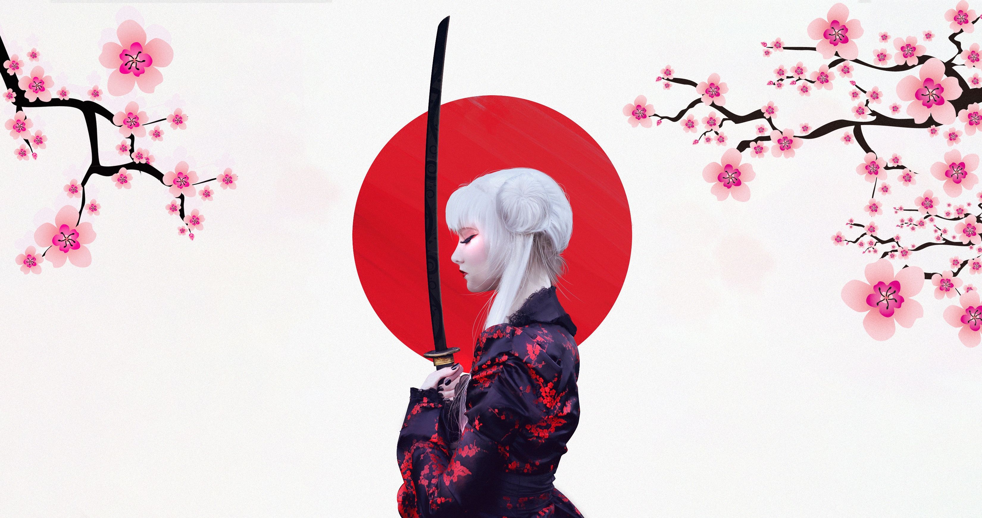 3300x1740 Wallpaper girl, the sun, background, Japanese, minimalism, sword, katana, Japan for mobile and desktop, section минимализм, resolution 3300x1740