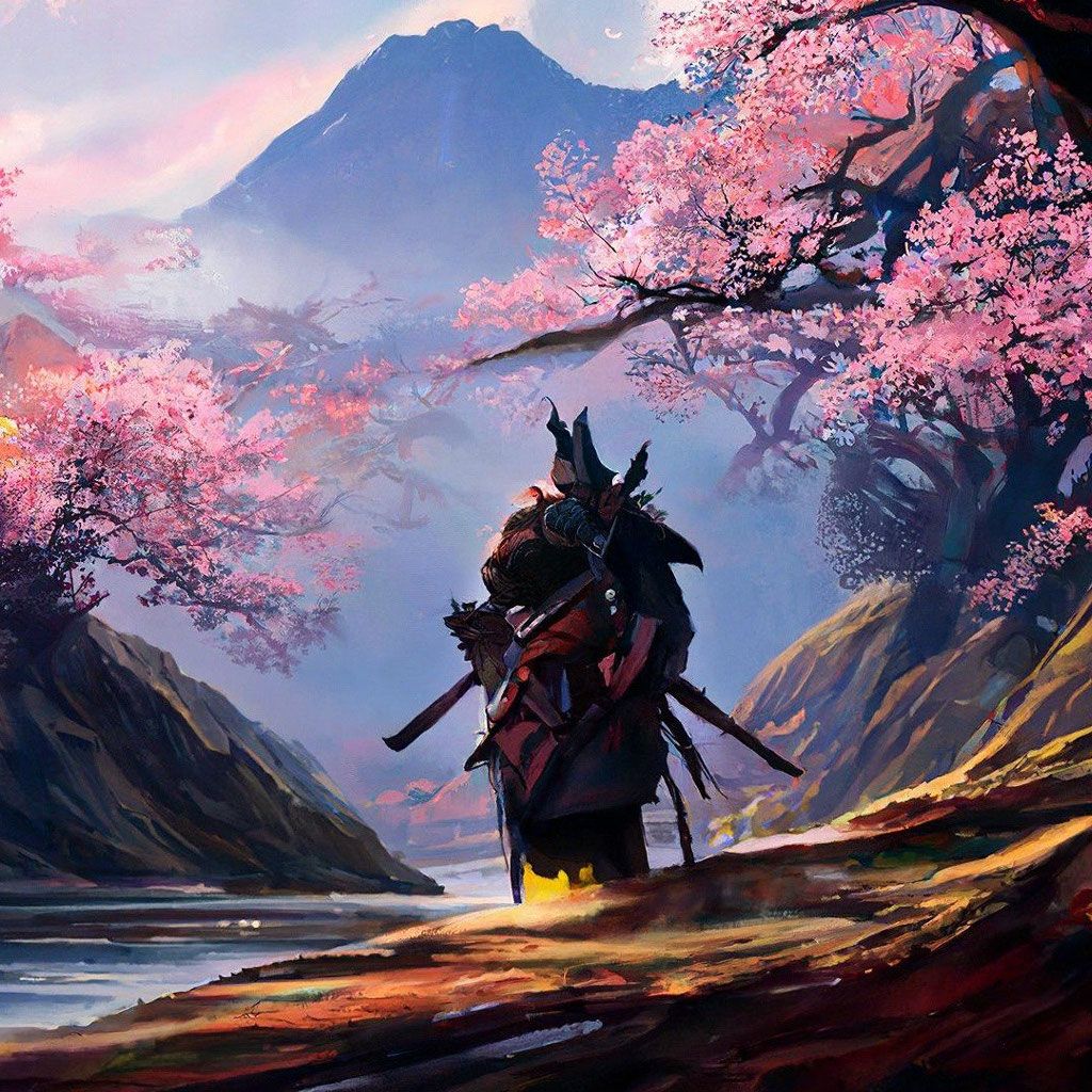 1024x1024 Samurai in the sakura mountains high quality 1024k