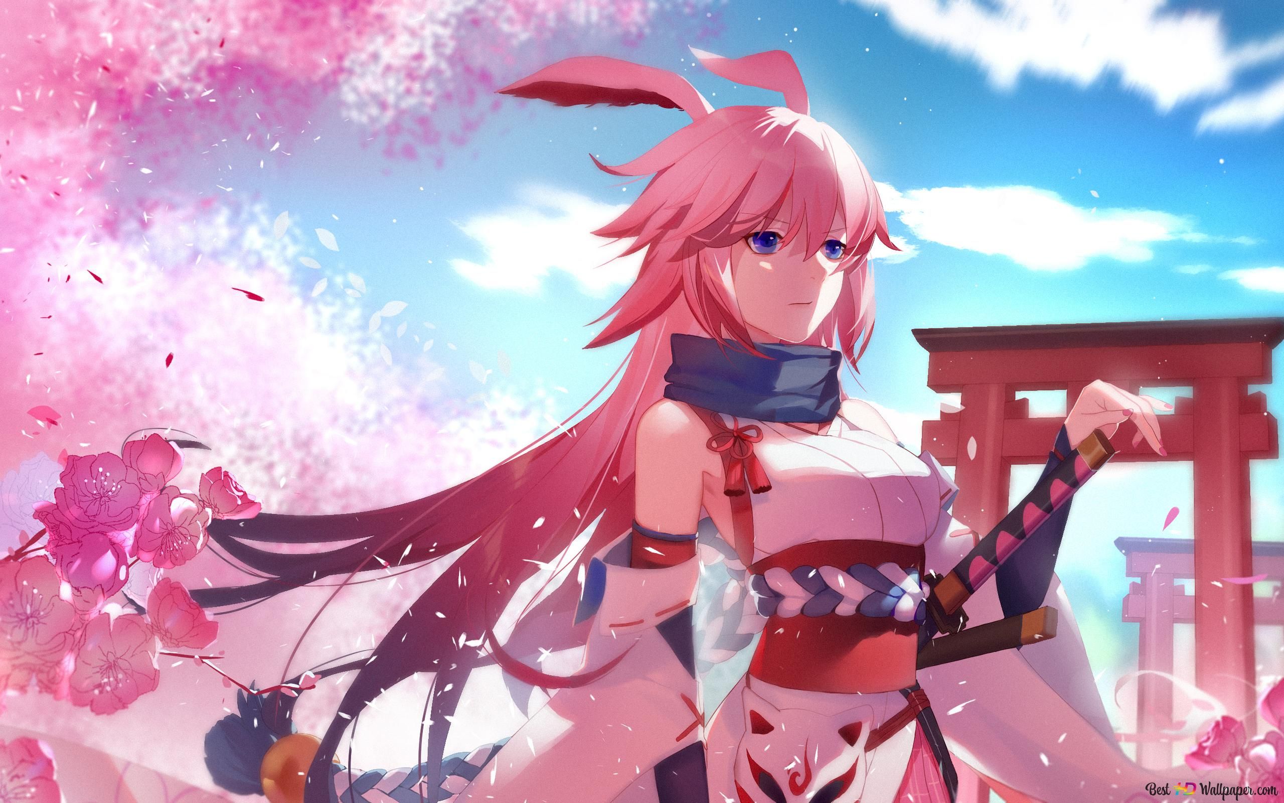 2560x1600 Anime : Beauty of samurai girl & cherry blossom 2K wallpaper download