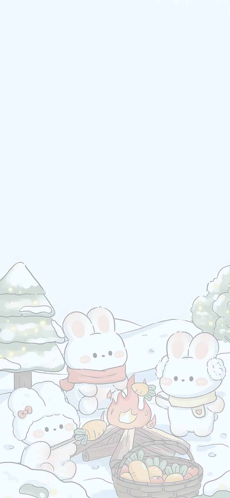 782x1692 Kawaii Bunny Winter Campfire Wallpaper Phone Wallpaper