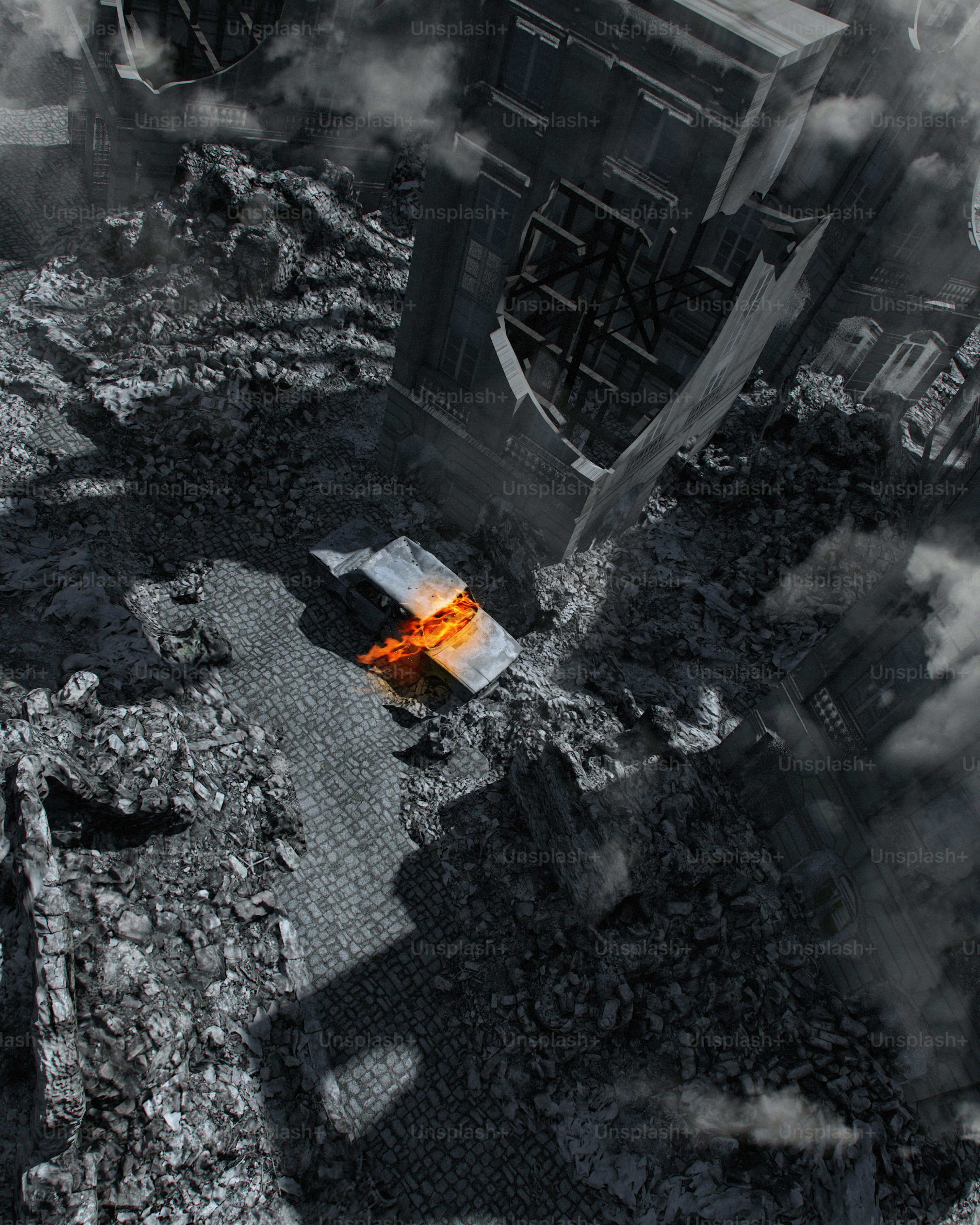 3000x3750 An aerial view of a fire burning in a building photo