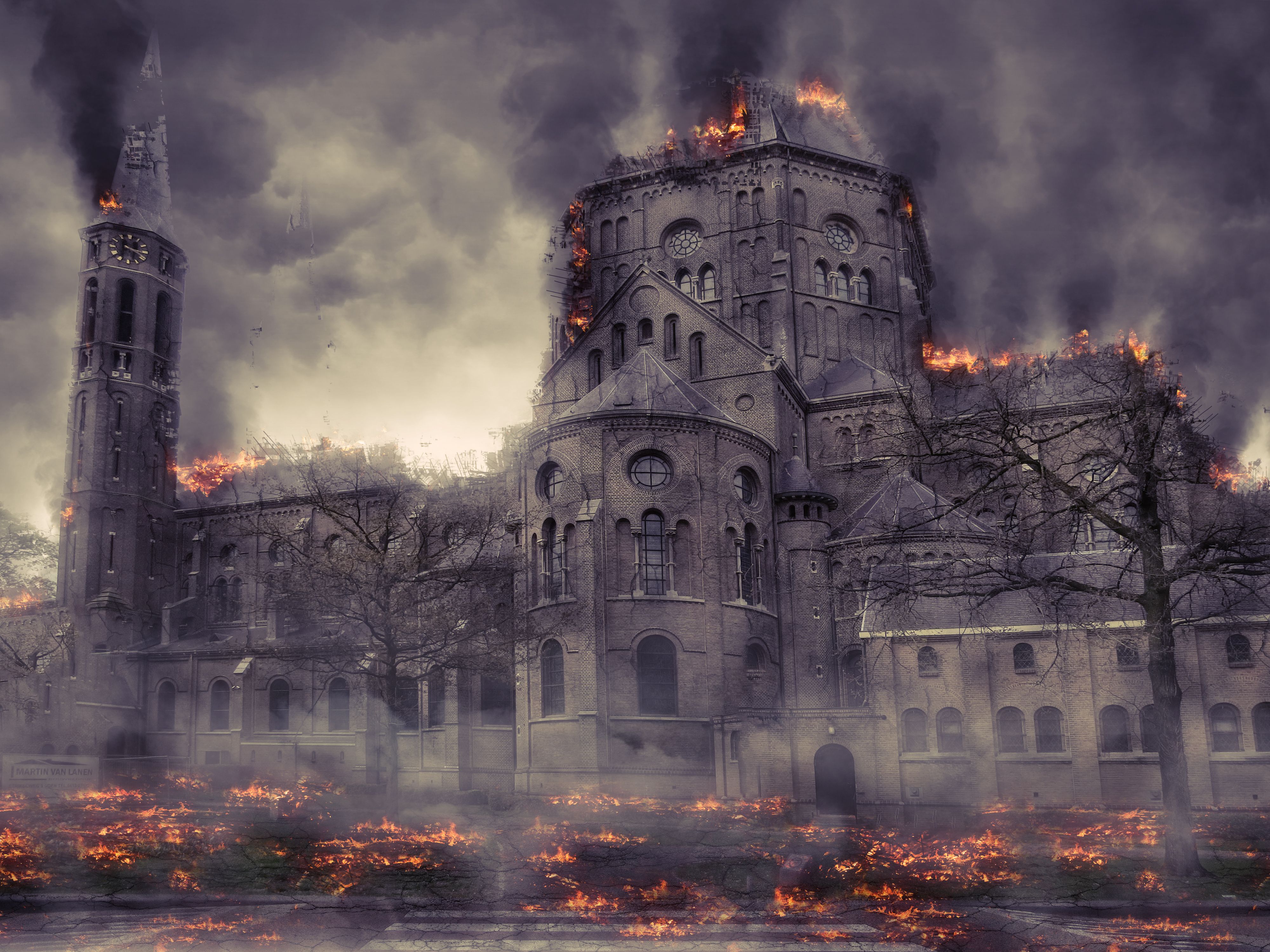 4000x3000 Free Image : church, burning, sky, landmark, castle, building, phenomenon, evening, atmosphere, morning, cloud, tourist attraction, city, tree, dusk, computer wallpaper, smoke, tower, metropolis, landscape, dawn, medieval architecture, night, chateau