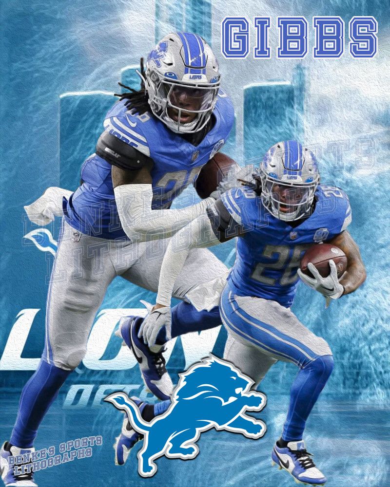 800x1000 Detroit Lions Lithograph print of Jahmyr Gibbs 2023