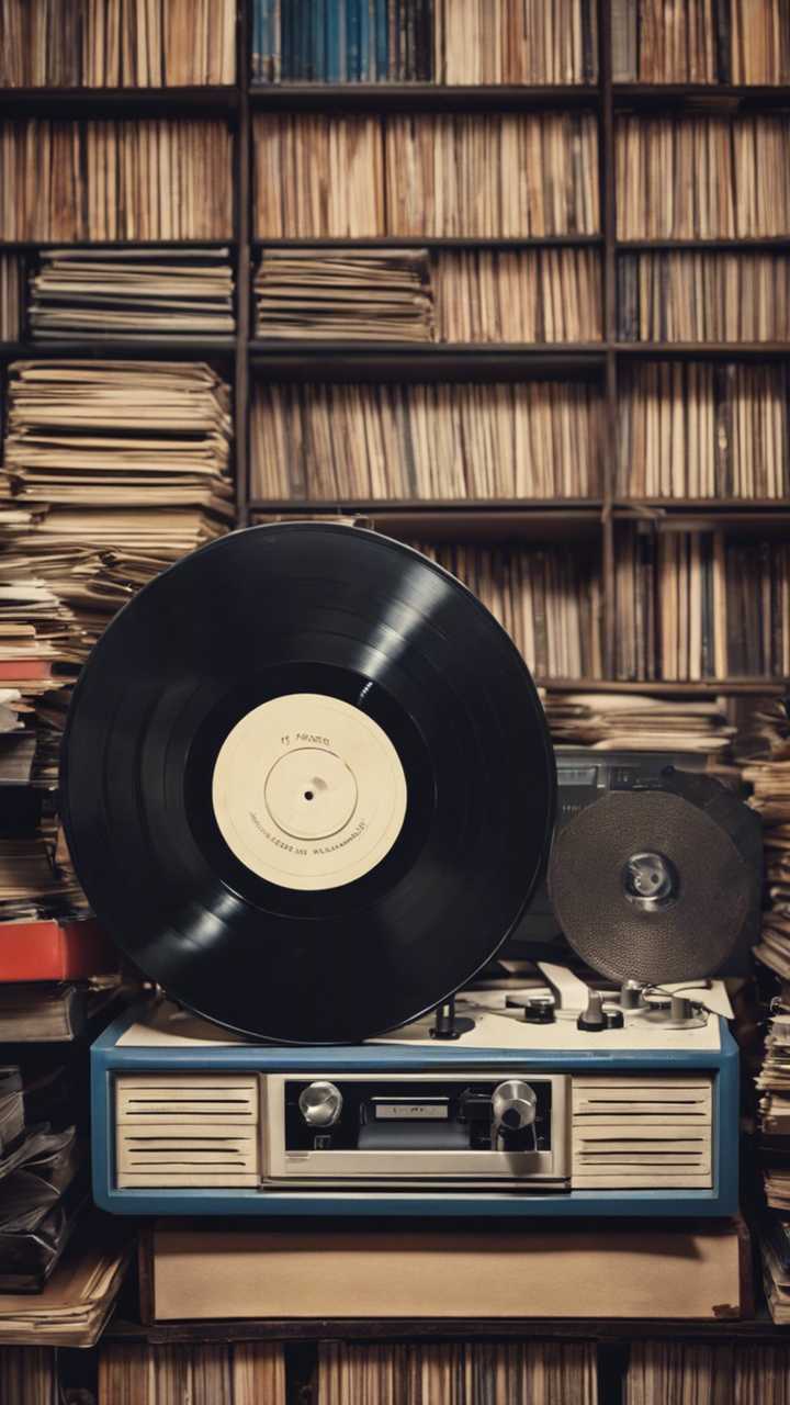 720x1280 A vintage vinyl record player from the 70s surrounded by piled up vinyl records. Wallpaper [c251e4275203418fbab2]