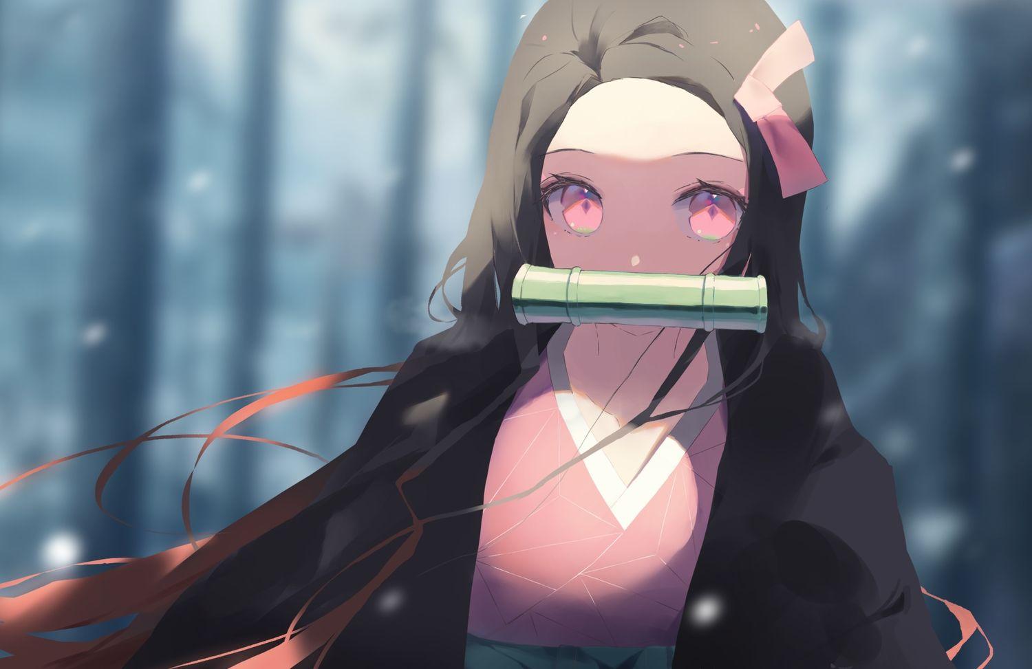 1500x973 black hair close gag japanese clothes kamado nezuko kimetsu no