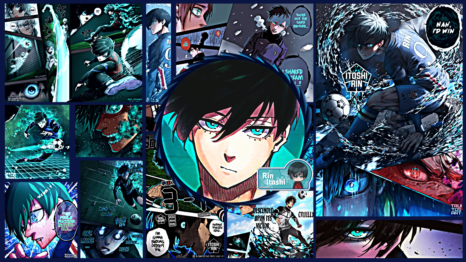 1920x1080 Mashed Together some Colored Panels and Picture to make Wallpaper (Kaiser, Rin, and Bachira)