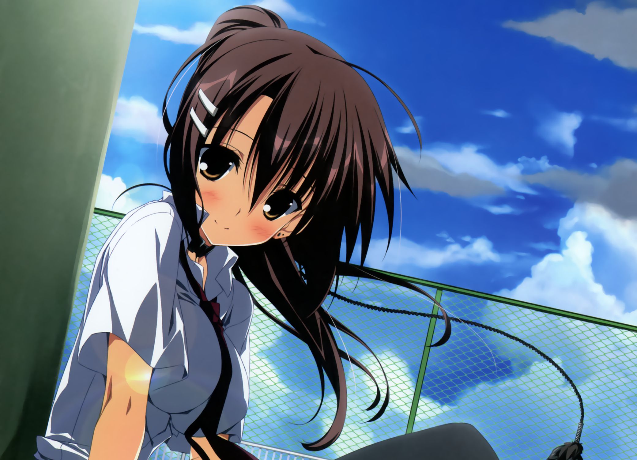 2080x1502 Wallpaper roof, the sky, girl, clouds, the wind, building, anime, art for mobile and desktop, section сёдзё, resolution 2080x1502