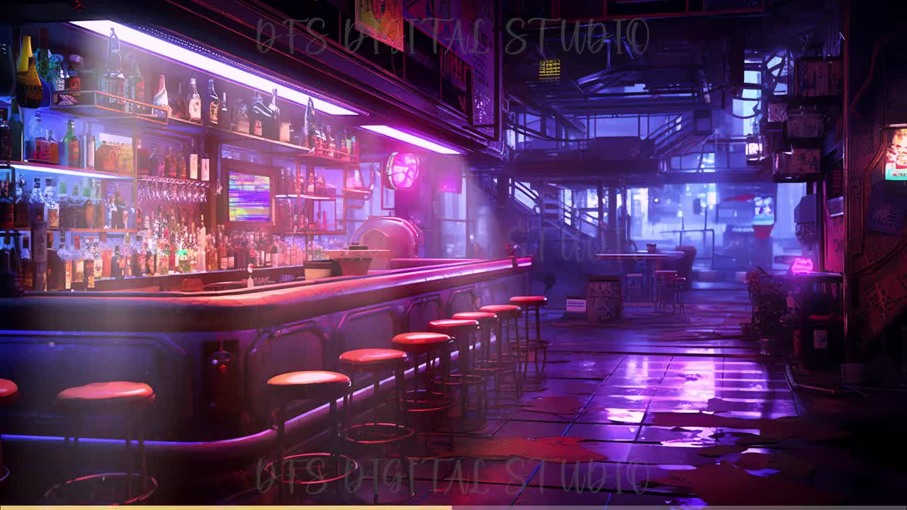 1280x720 Vtuber Background Animated, stream room background, vtuber room background, animated background twitch, seamless loop, cyberpunk bar pub 4k