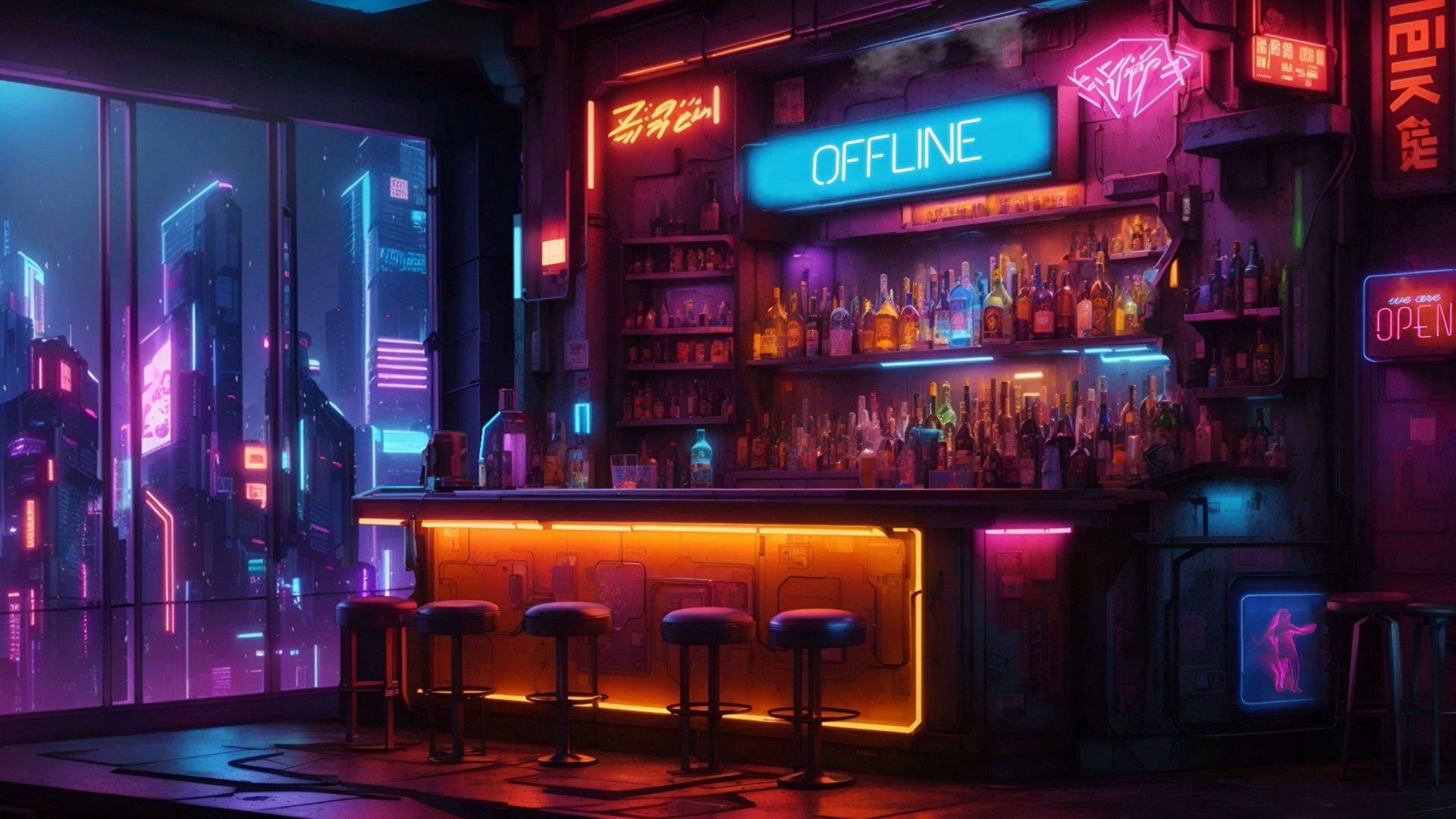 1920x1080 Cyberpunk Lounge Bar Animated Virtual Background Vtuber Twitch Streaming Moving Wallpaper Loop, Cozy Megacity Neon Relaxing Hangout Art