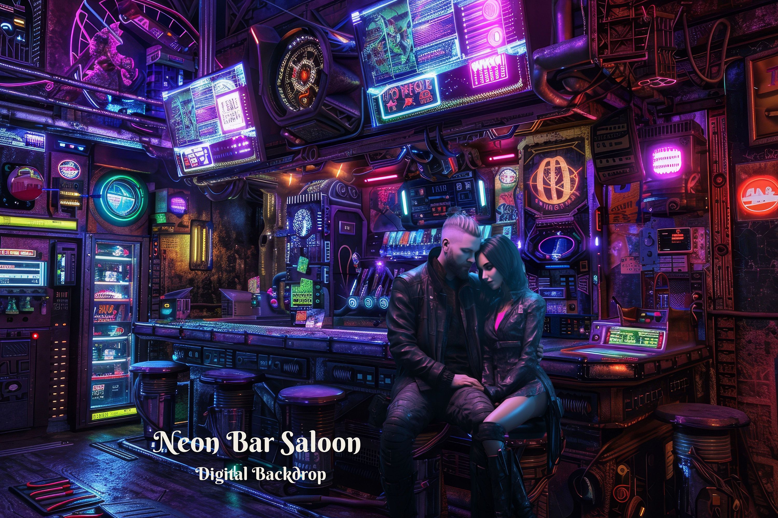 3000x2000 Neon Bar Saloon Digital Backdrop for Futuristic Dystopian City Composite Image for Cyberpunk Streets Digital Background