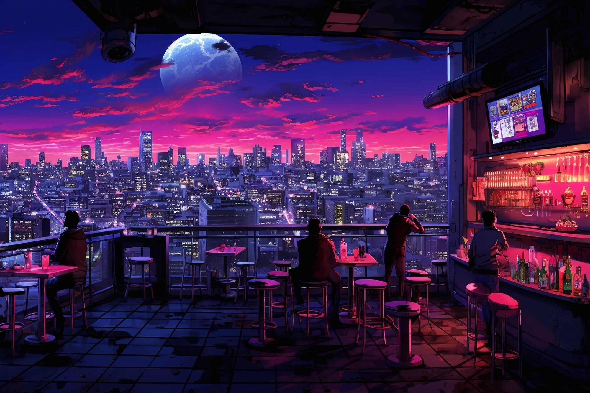 2000x1333 Cyberpunk Night City \Rooftop Bar\ Canvas Neon Lights Oil Paint Design Fan Art Wall Decor