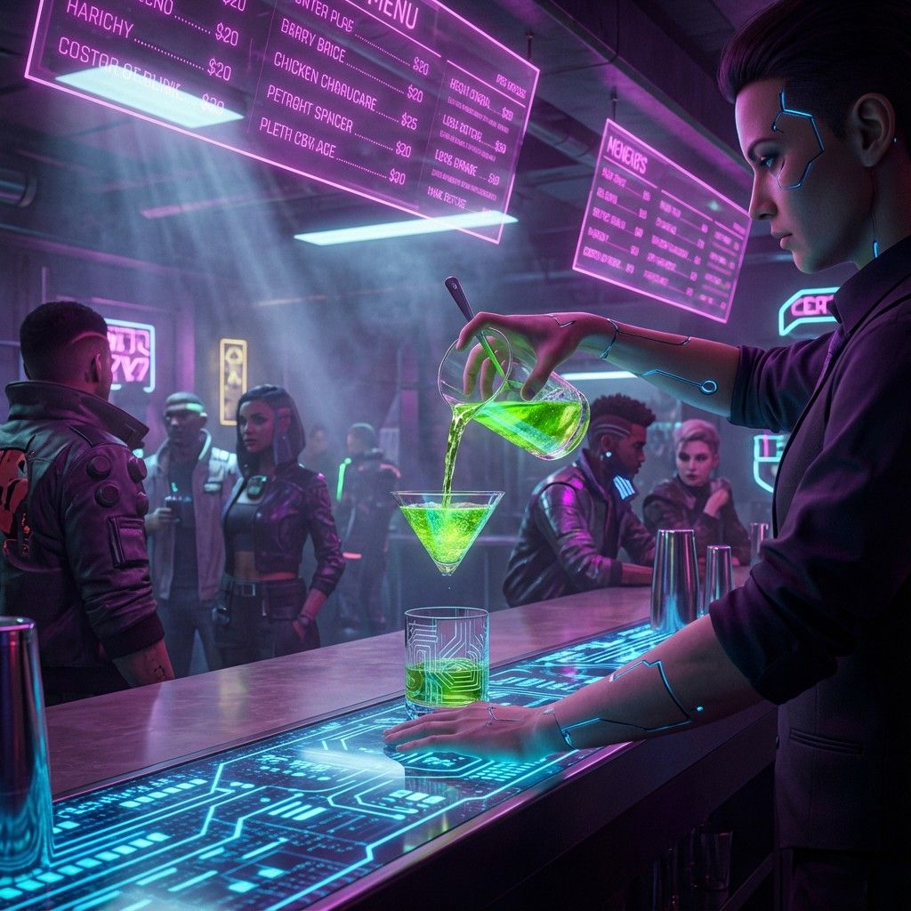 1024x1024 Free Cyberpunk Bar Scene Image, Futuristic, Bartender