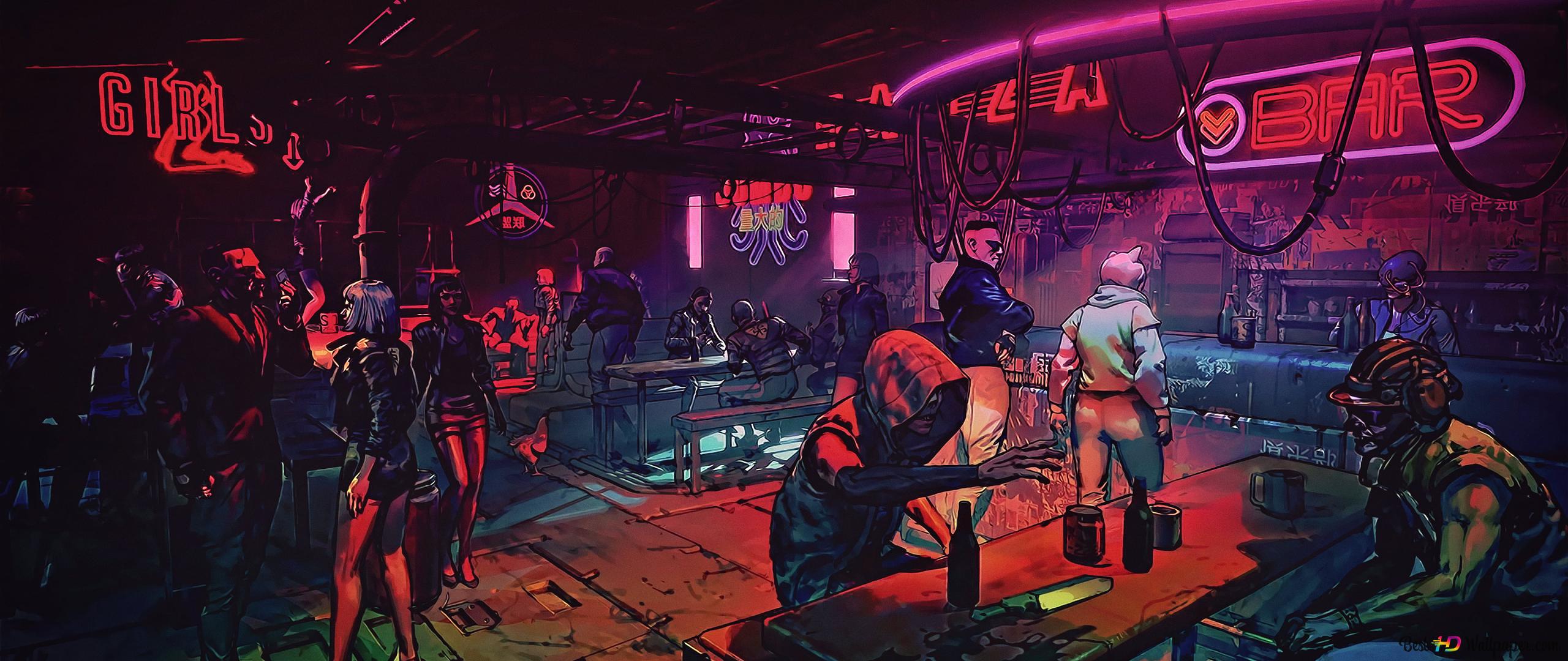 2560x1080 Cyberpunk futuristic bar, futuristic city 4K wallpaper download
