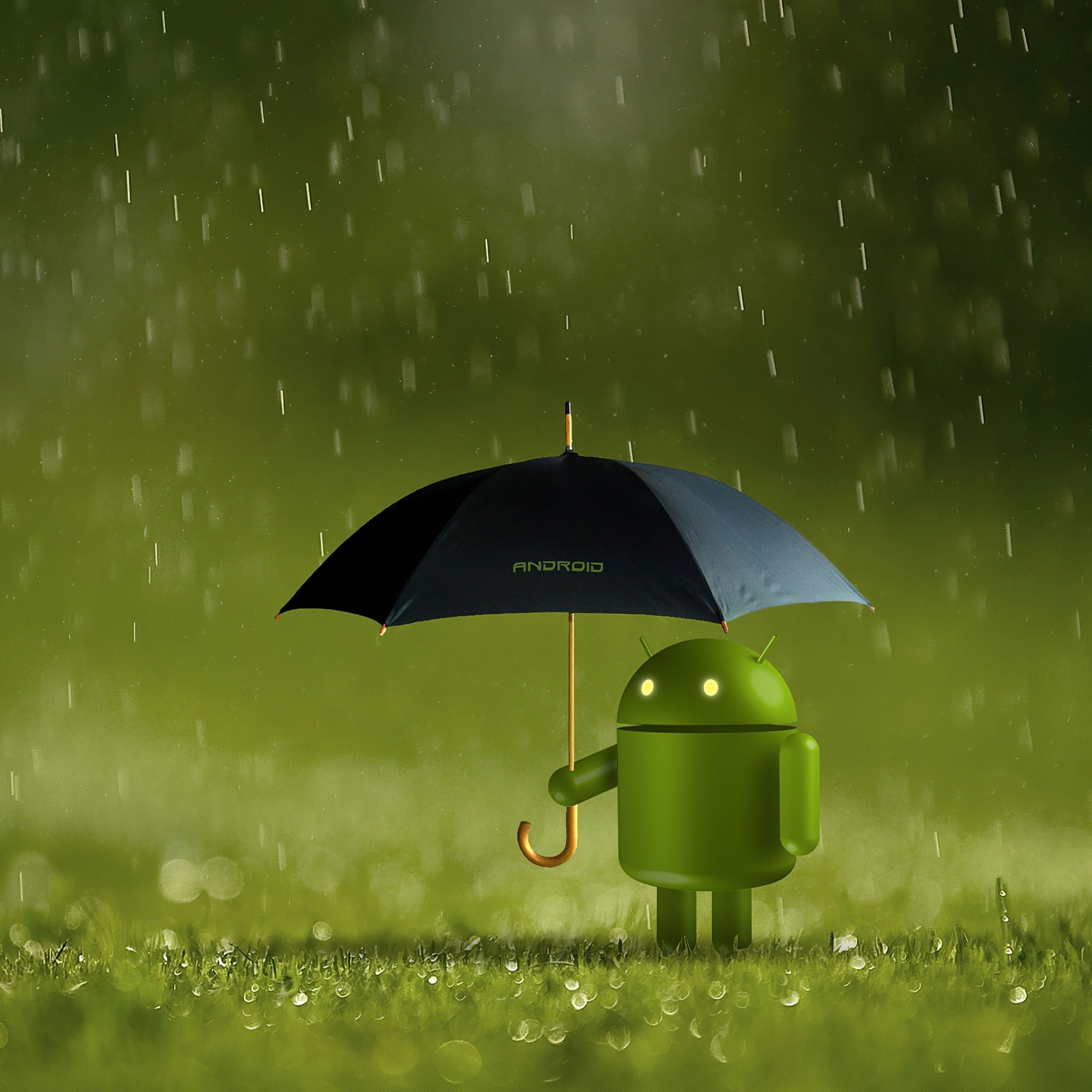 2048x2048 Android logo Wallpaper 4K, Android robot, Umbrella, Rain
