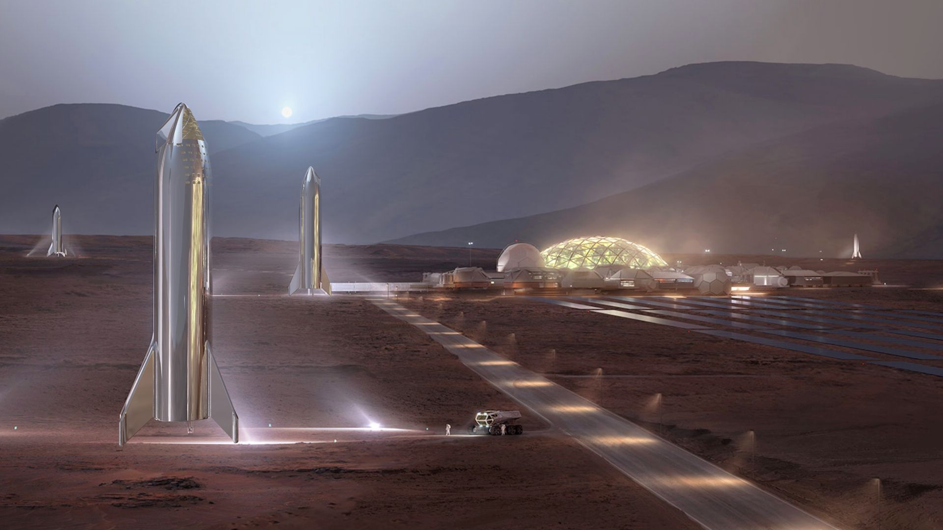 1920x1080 SpaceX Stainless Steel Starships At Mars Base Alpha By William Falconer Beach