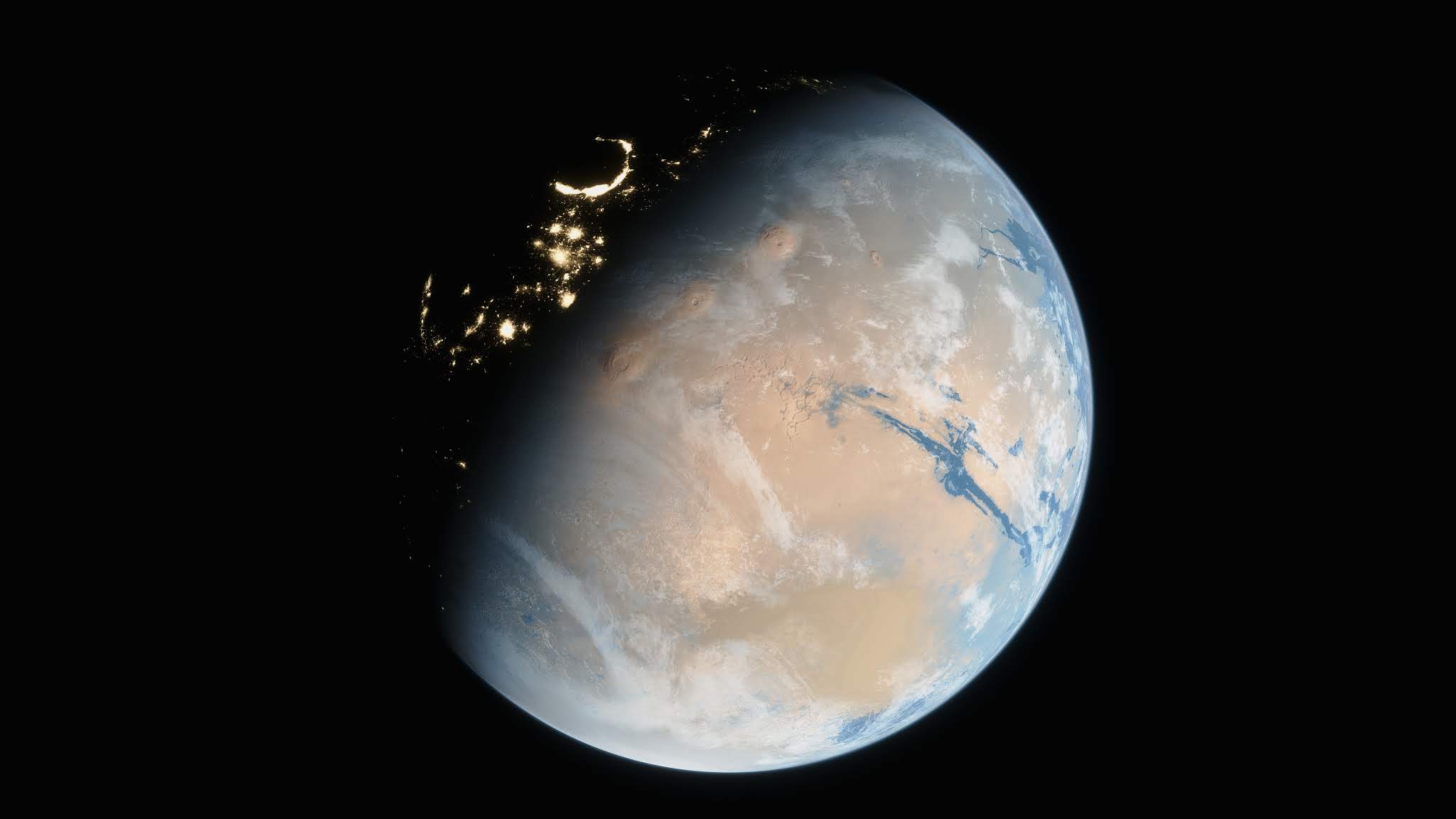 2048x1152 Globe of terraformed Mars with city lights