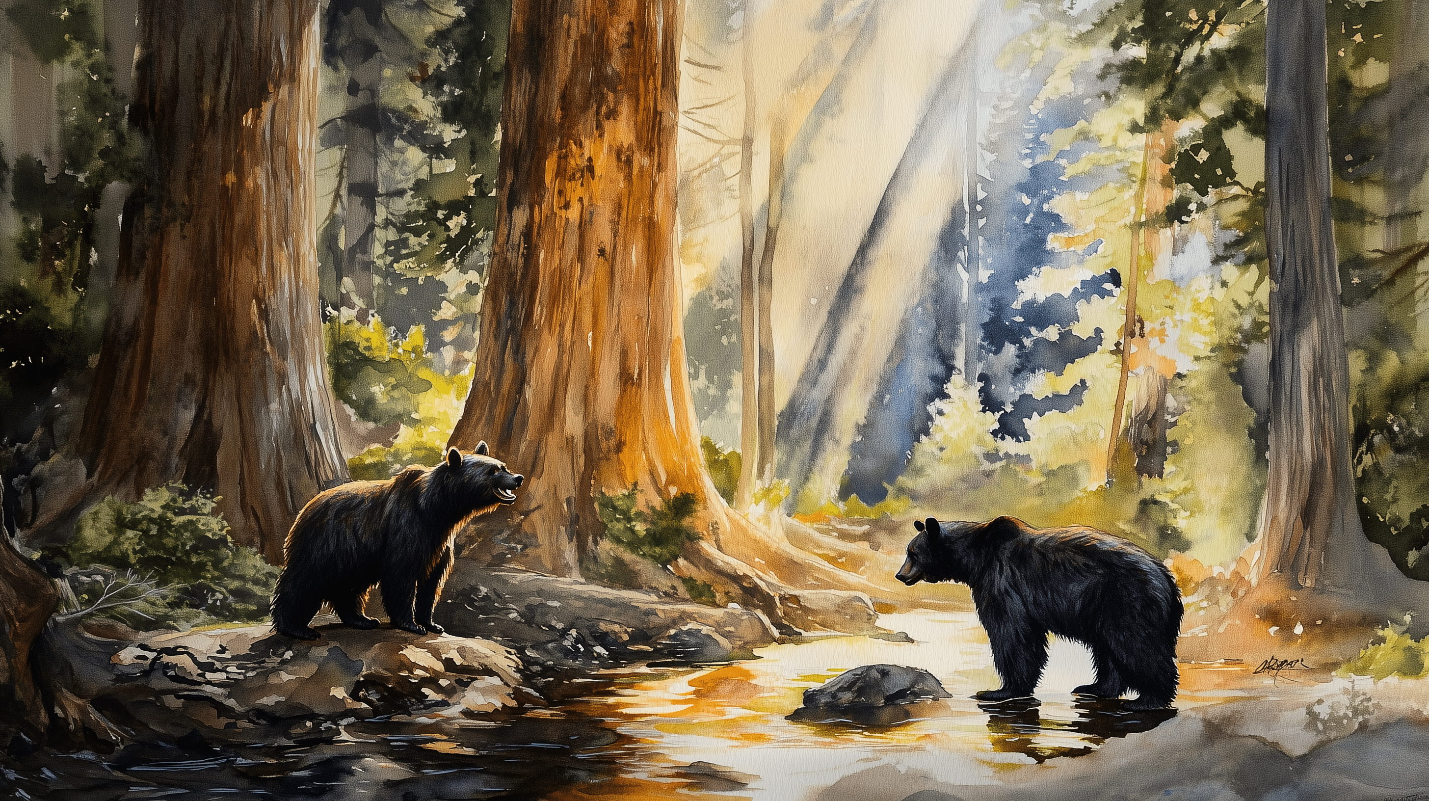 2912x1632 Black Bear and a Cub Mural and Stick Yosemite Park Wallpaper