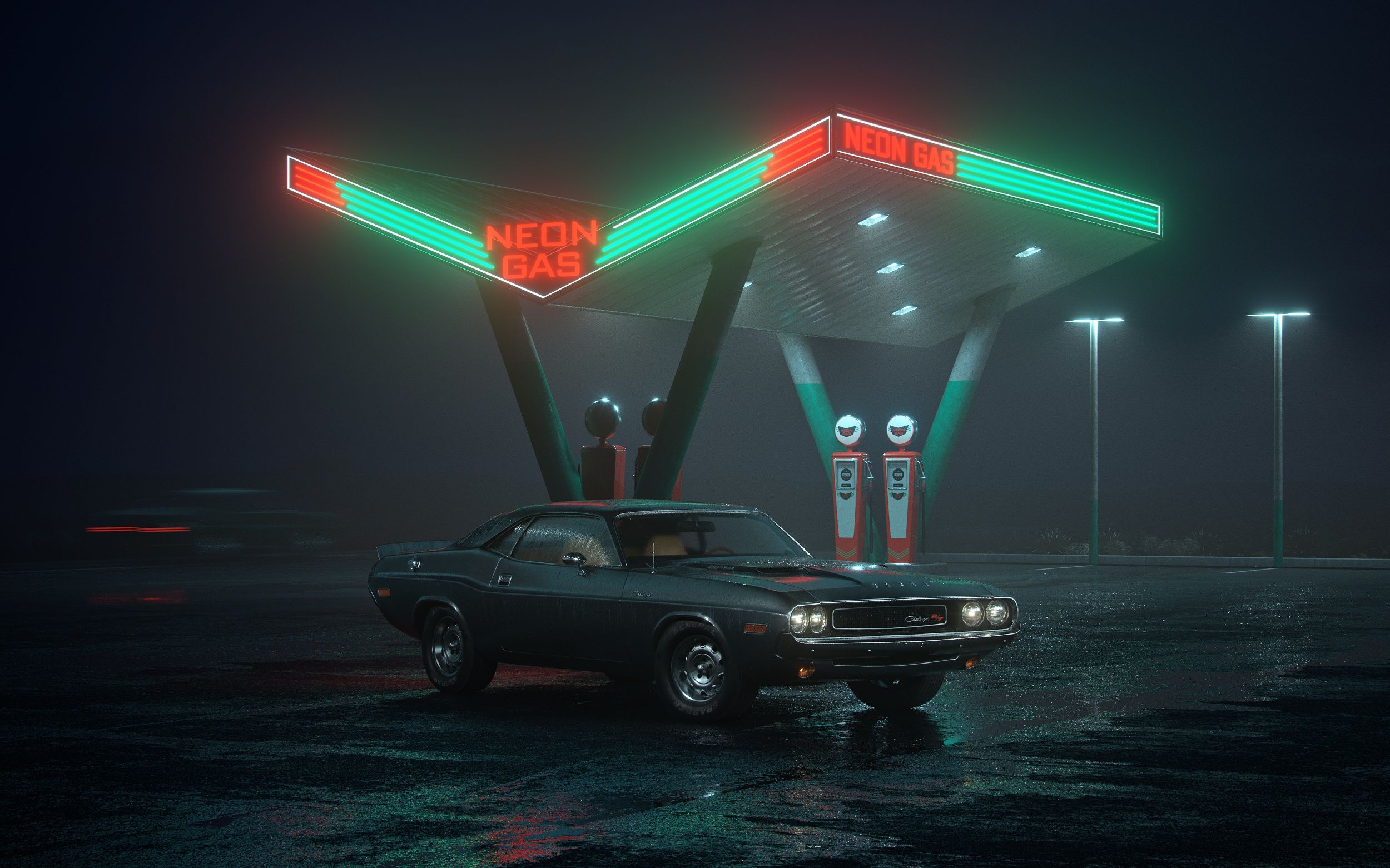 2500x1562 Wallpaper Car, Dodge, Challenger, Night, Neon, R T, Gas Station, Neon Gas For Mobile And Desktop, Section Dodge, Resolution 2500x1562