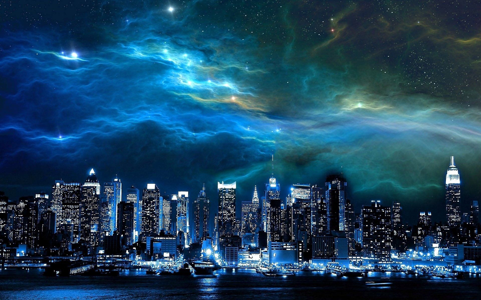 1920x1200 City Lights Beneath a Starry Blue Sky