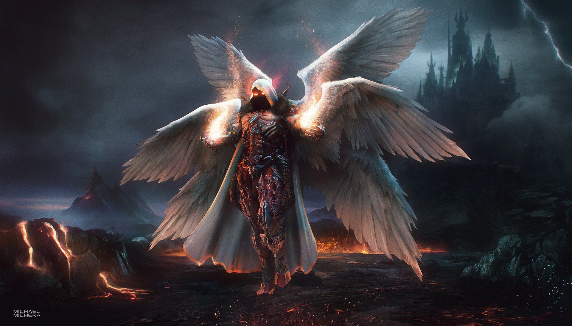 1920x1096 Dark Fantasy Angel in Castle Wallpaper
