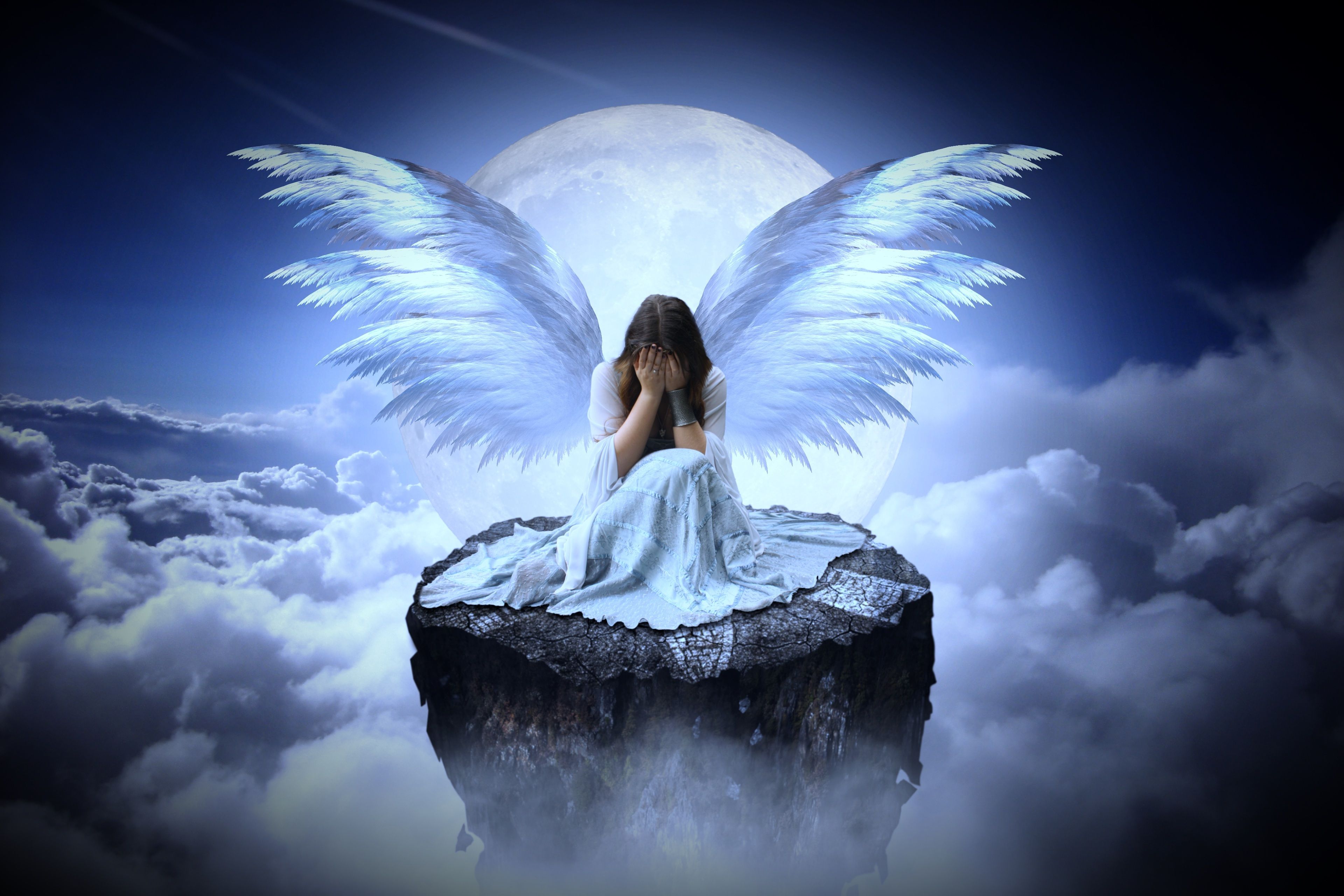 3840x2560 Phone wallpaper: Full Moon, Sad, Fantasy, Angel, Cloud, Crying 953017