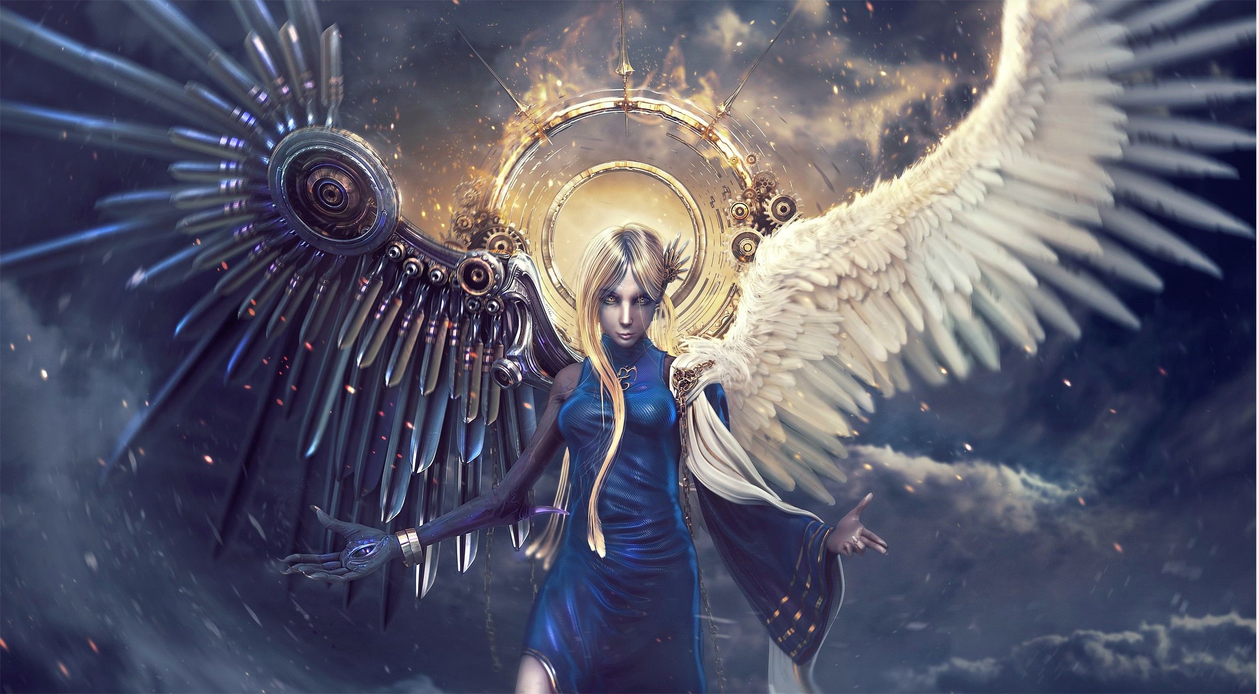 2500x1379 fantasy, Angel, Sci, Fi, Science, Fiction, Mech, Tech, Wings, Psychedelic, Feathers, Detail, Art, Artistic, Women, Females, Girls, Blonde Wallpaper HD / Desktop and Mobile Background