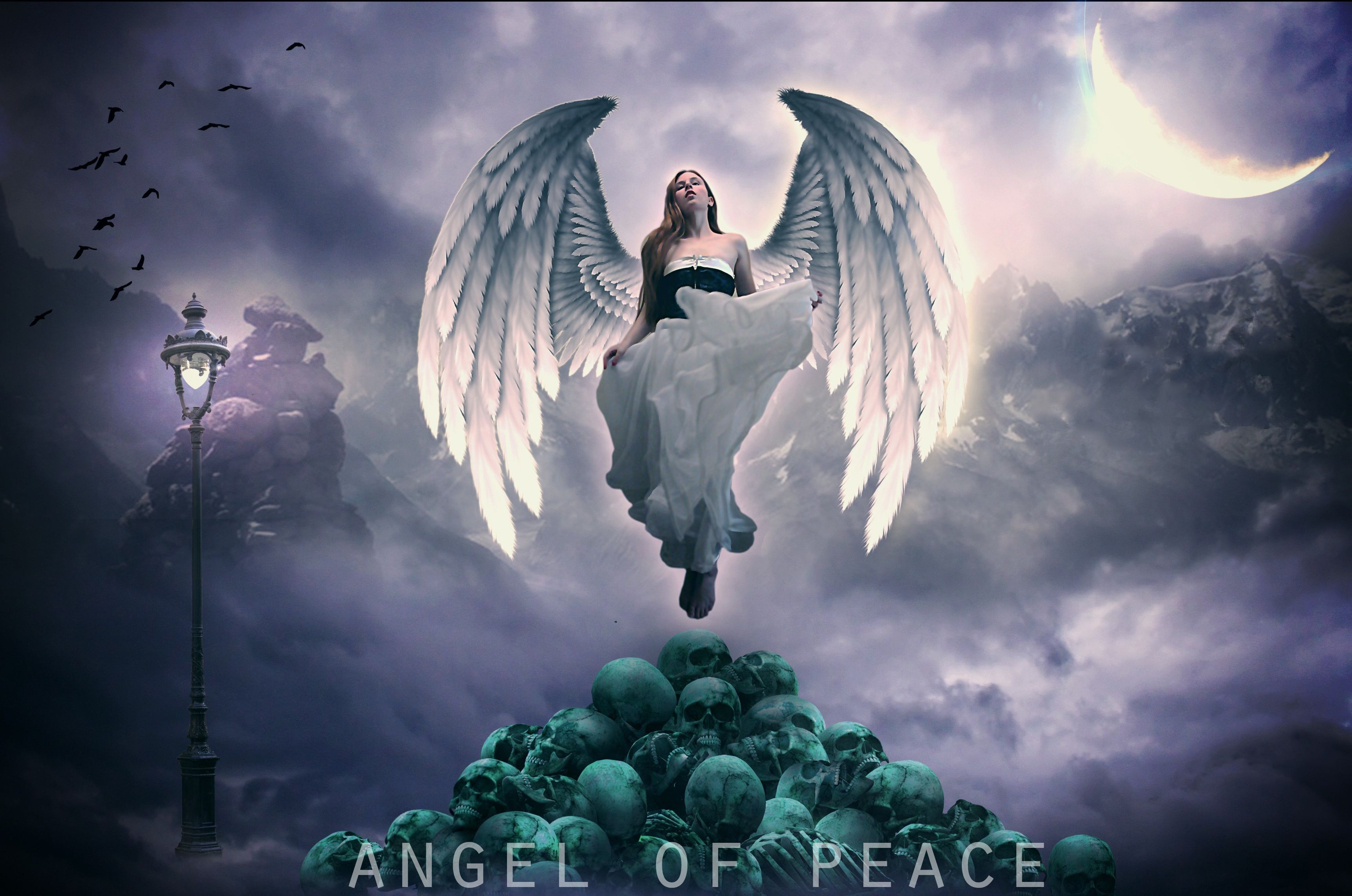 3456x2291 Desktop wallpaper: Fantasy, Angel, Moon, Skull 4K free download for PC. 767565