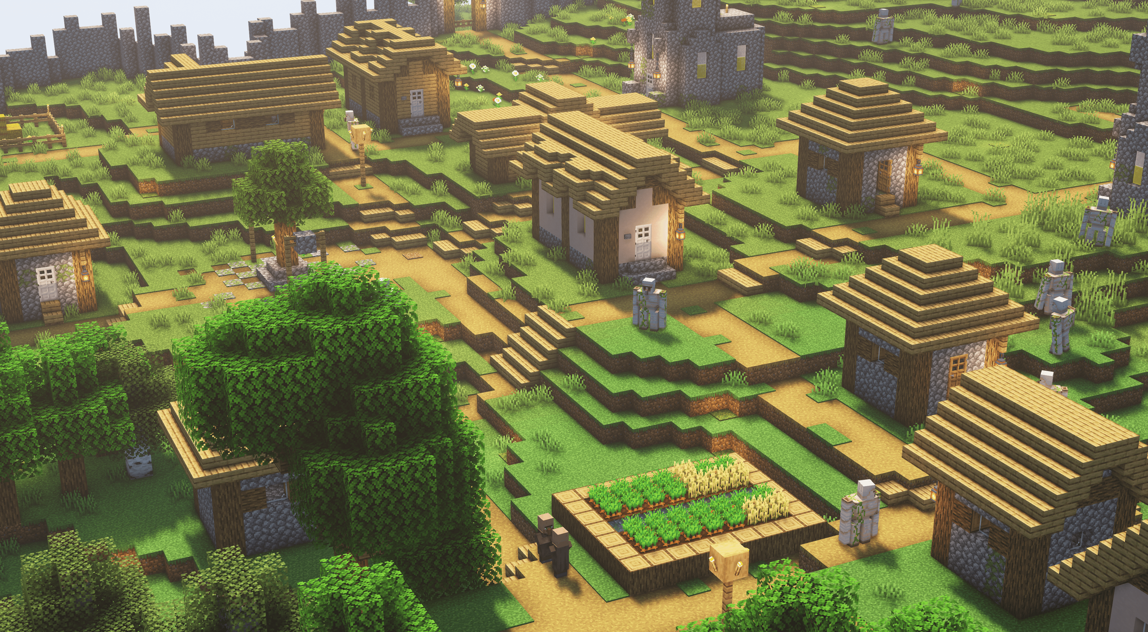 3840x2114 Screenshot of a village I walled up on our SMP. Thought it would look nice as wallpaper?