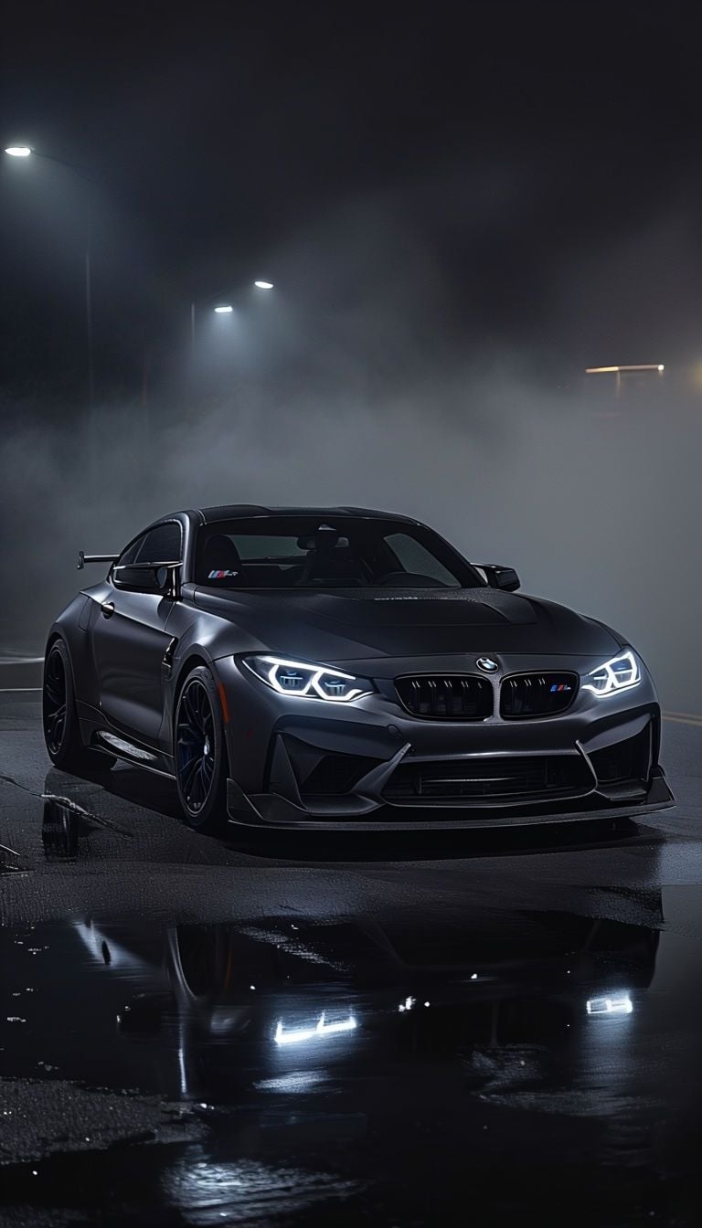 768x1344 Sleek Dark BMW Sports Car in Foggy Night Urban Scene Mobile Wallpaper