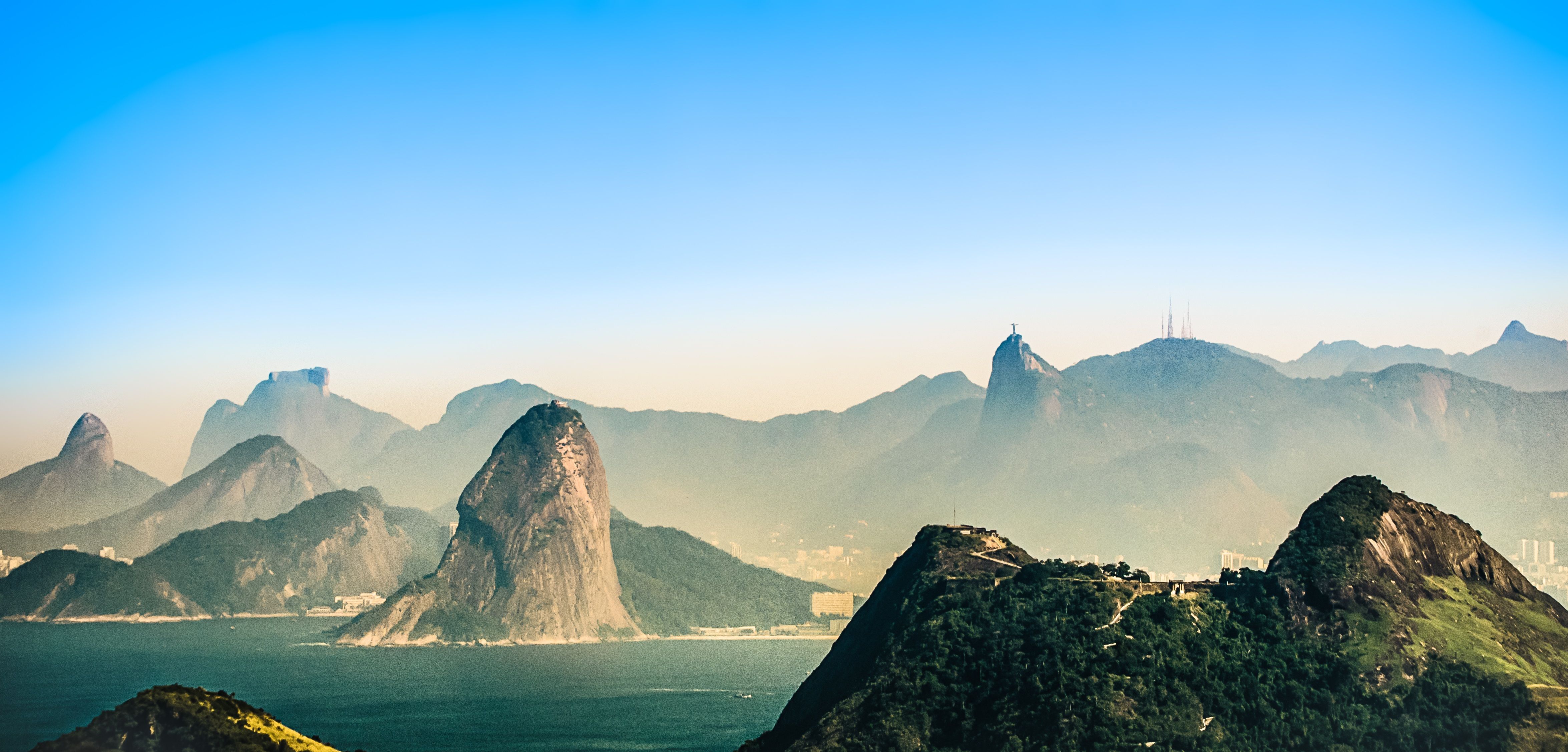 4700x2255 Free Image : landscape, nature, horizon, sunrise, sunlight, morning, hill, dawn, valley, mountain range, panorama, bay, rio de janeiro, mountains, alps, plateau, brazil, landform, olympics christ the redeemer, niter i, geographical